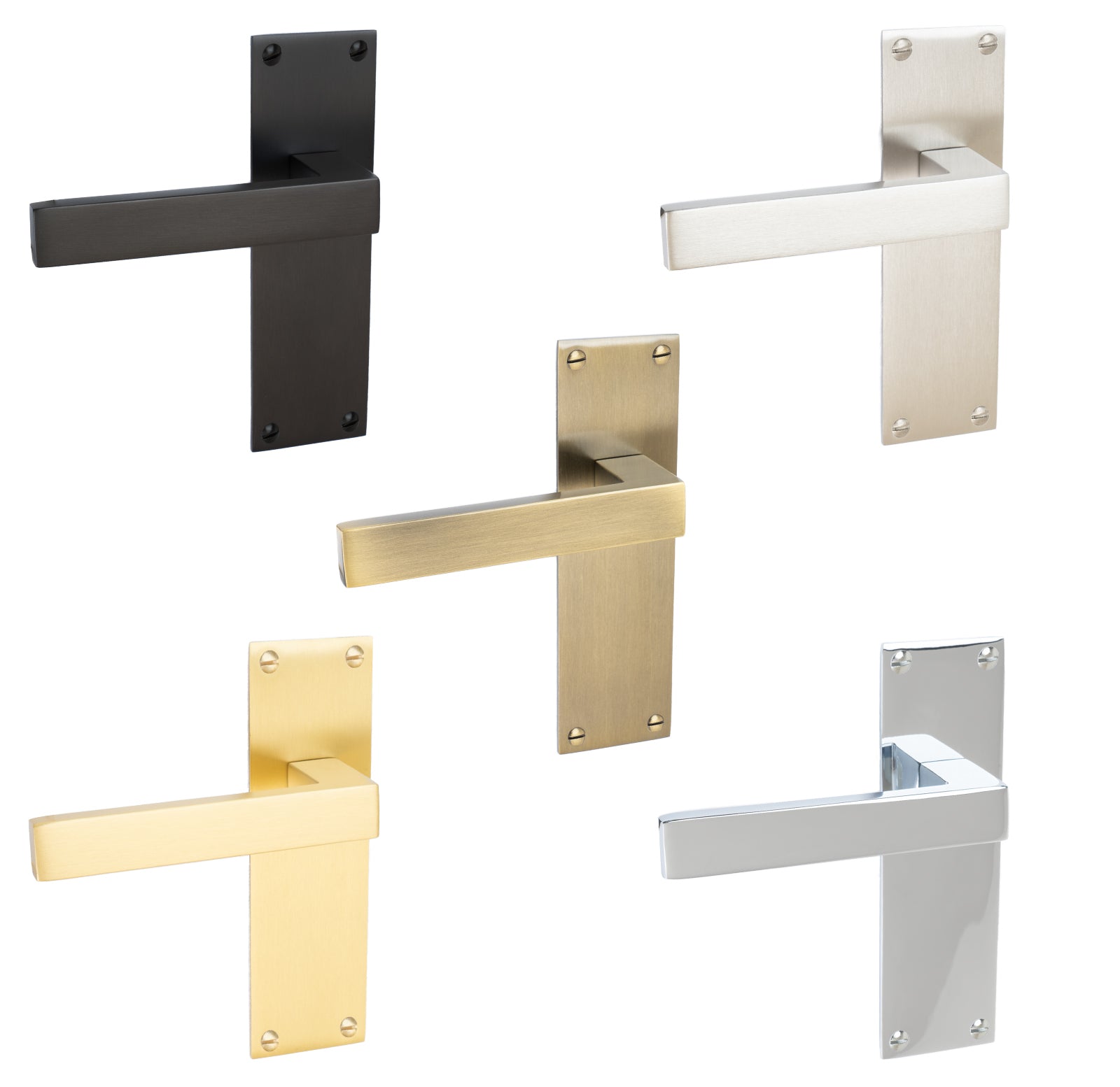 Metro Door Handles On Plate Latch Handle in Matt Bronze, Satin Nickel, Polished Chrome, Satin Brass and Aged Brass.