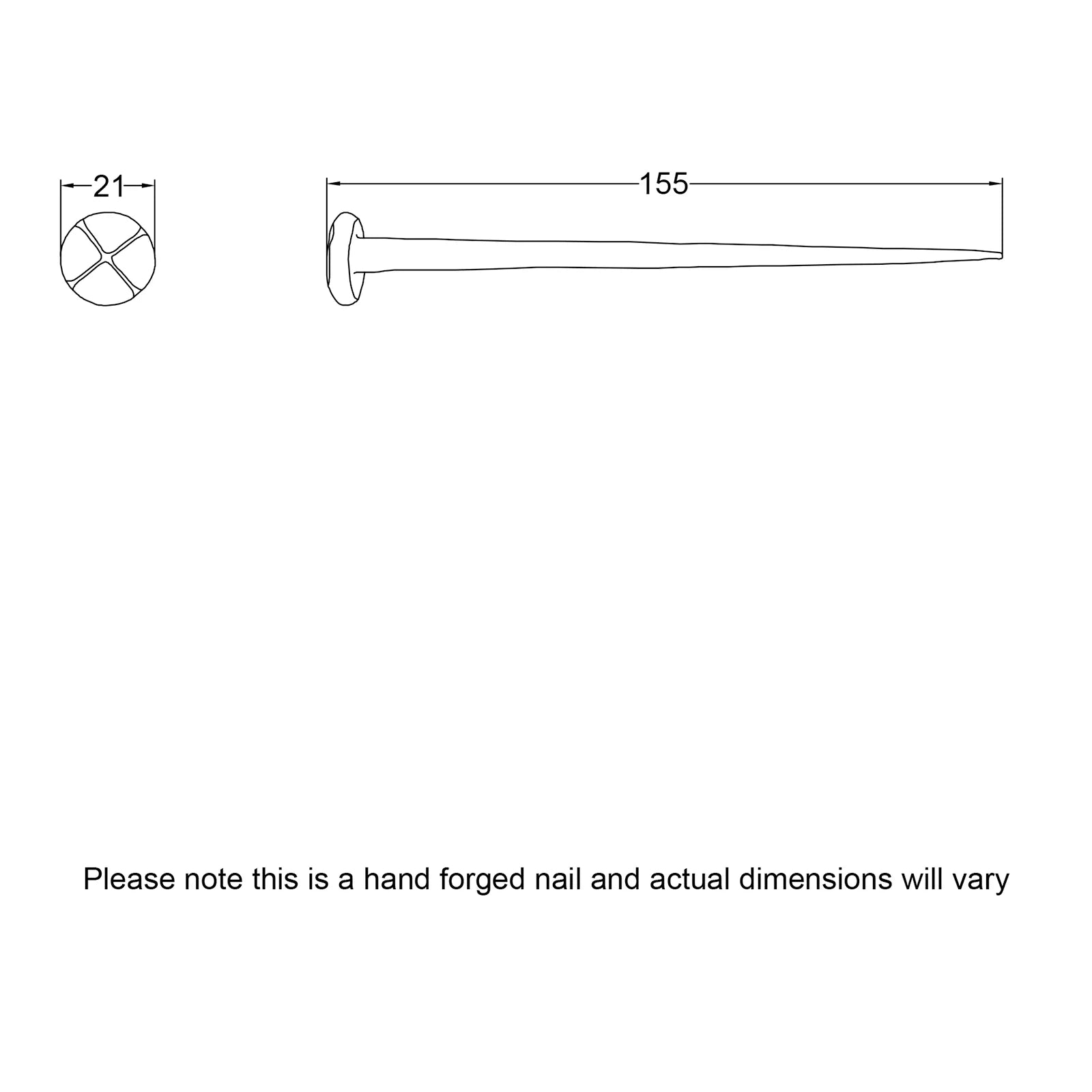 dimension drawing for hand forged round head nail 150mm SHOW