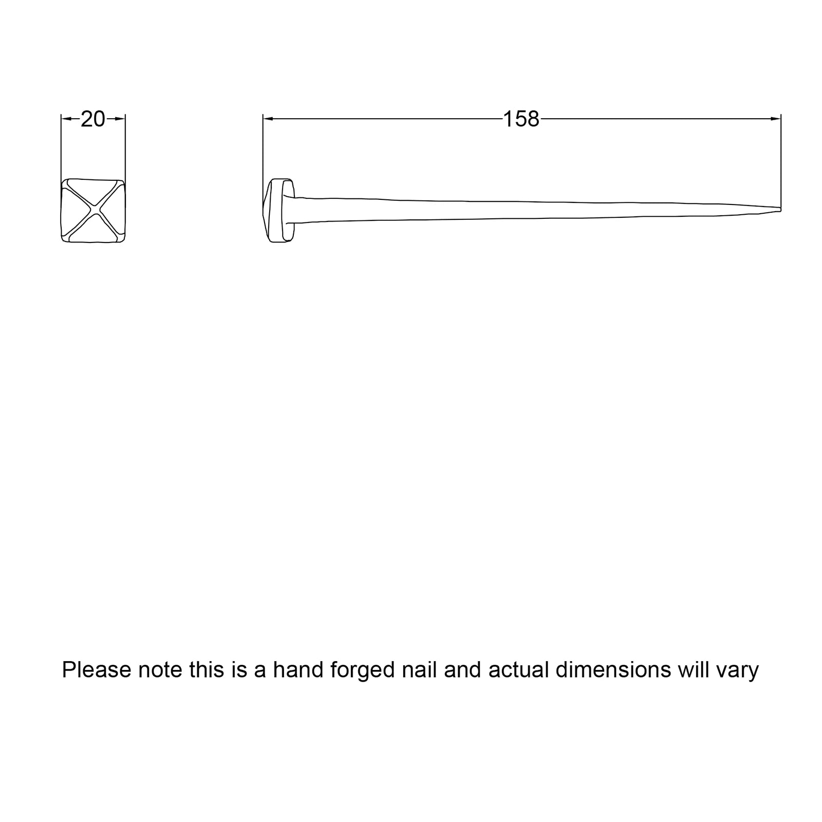 Dimension drawing for hand forged square head nail 150mm SHOW