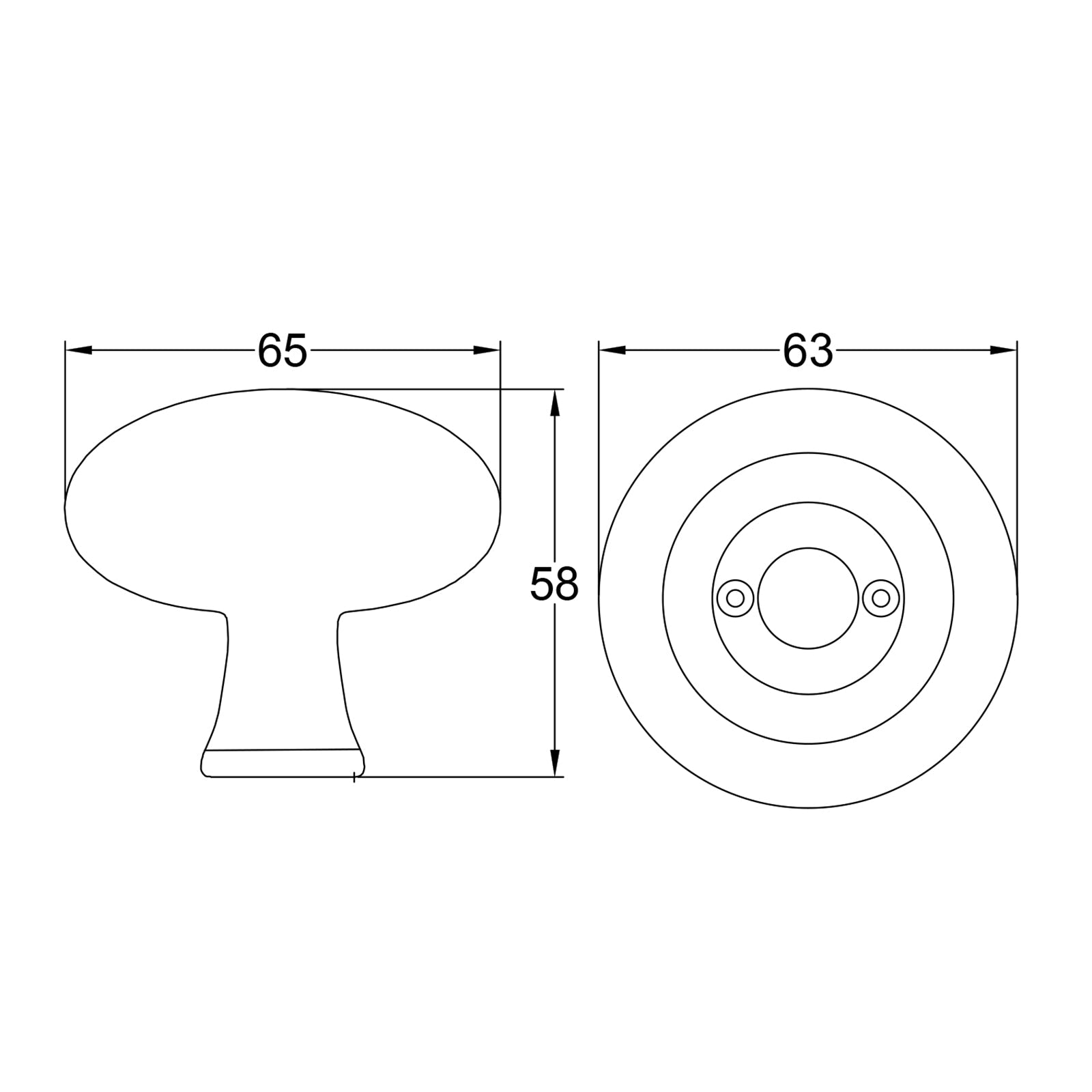 Dimension drawing of oval cast iron door knob SHOW