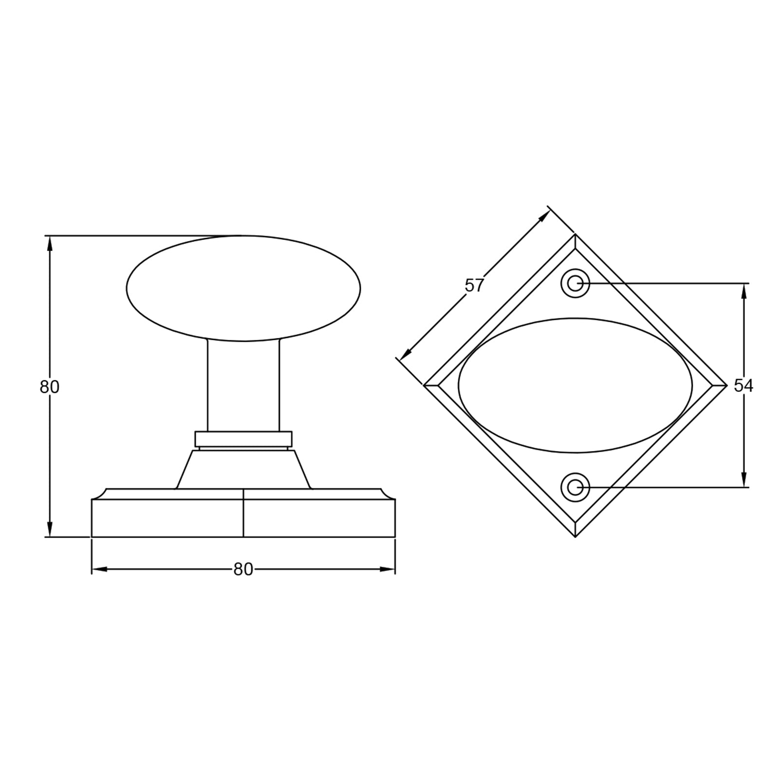 dimension drawing of oval bronze door knob SHOW