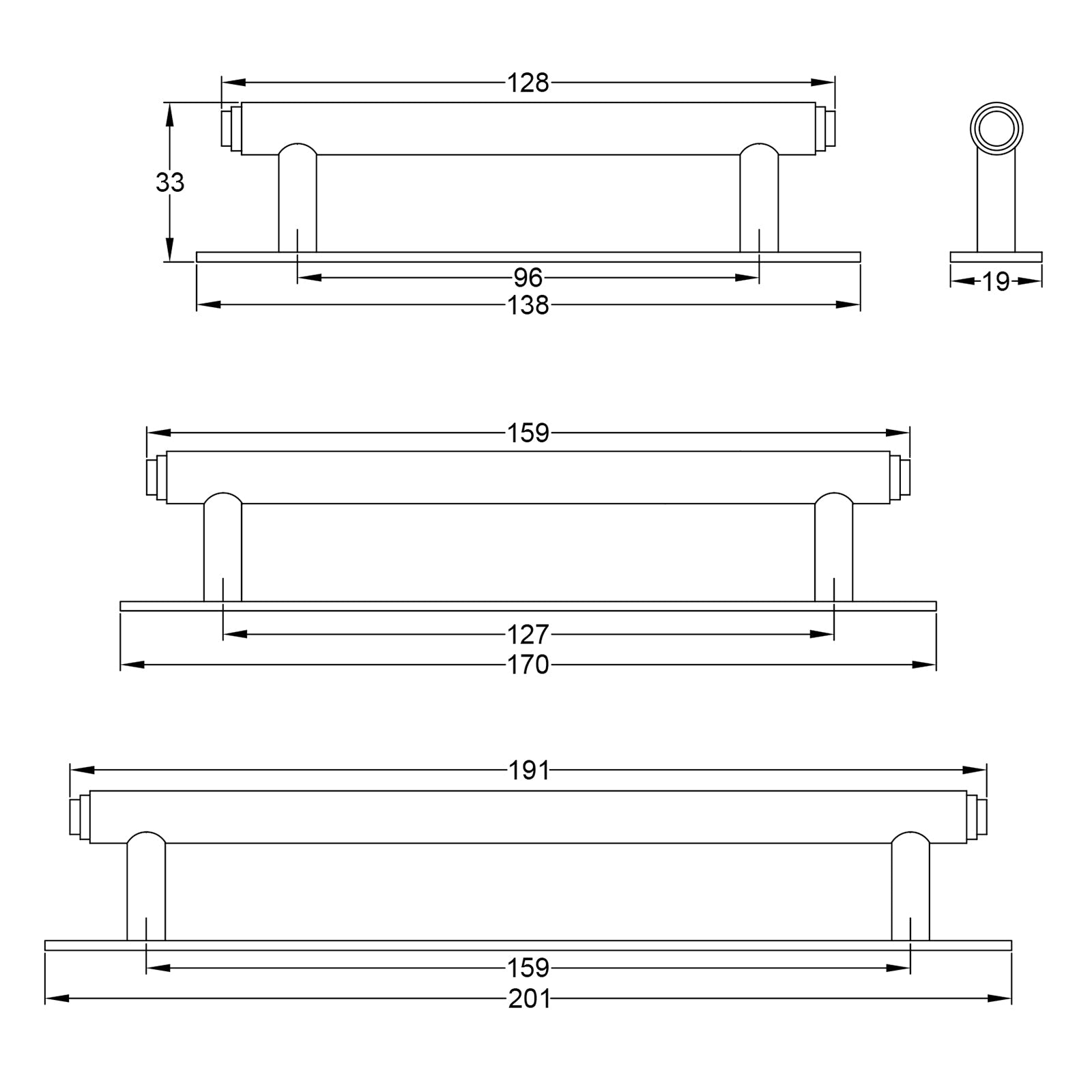 Step Pull Handles On Backplate dimension drawing SHOW