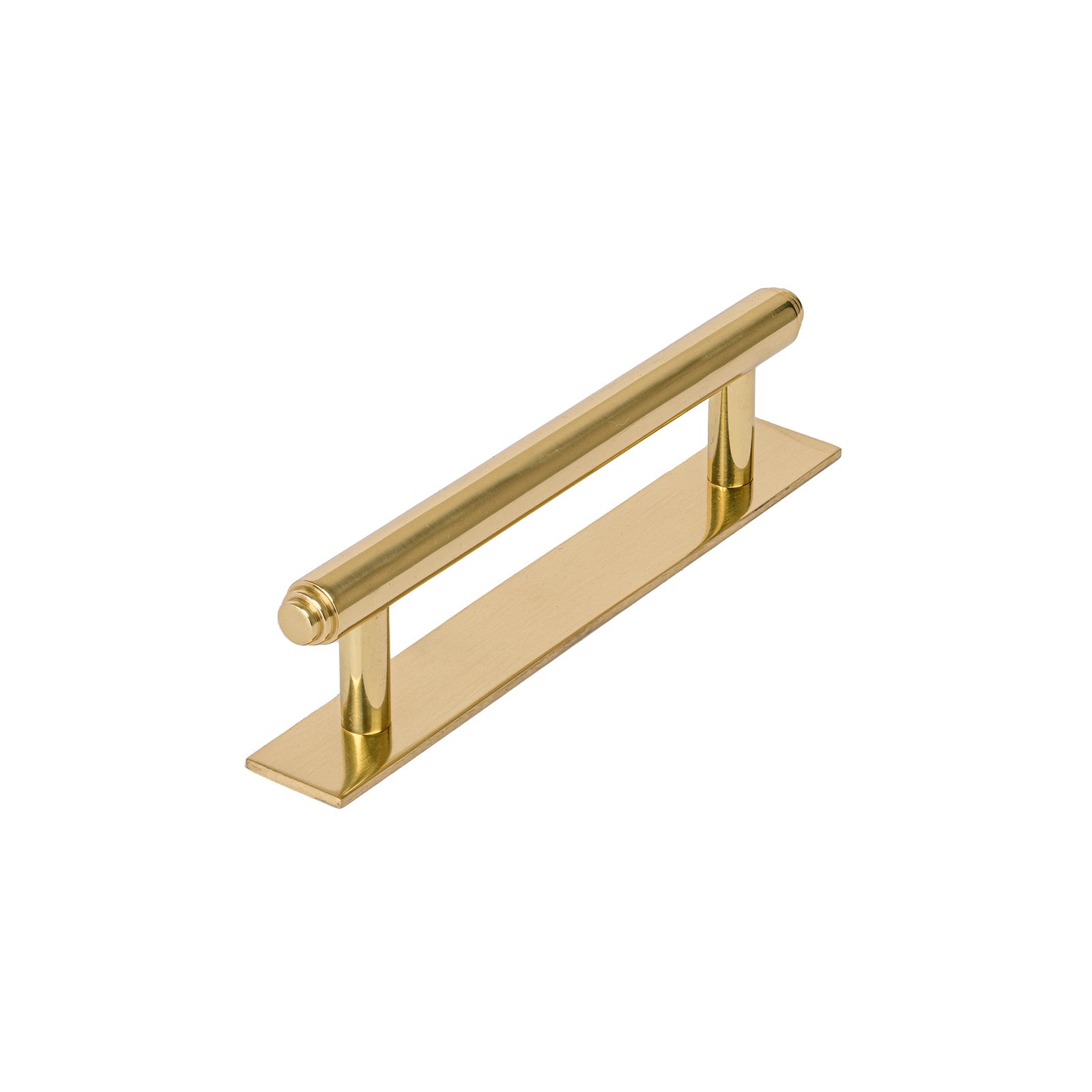 polished brass step pull handles on backplate, kitchen cupboard handles SHOW