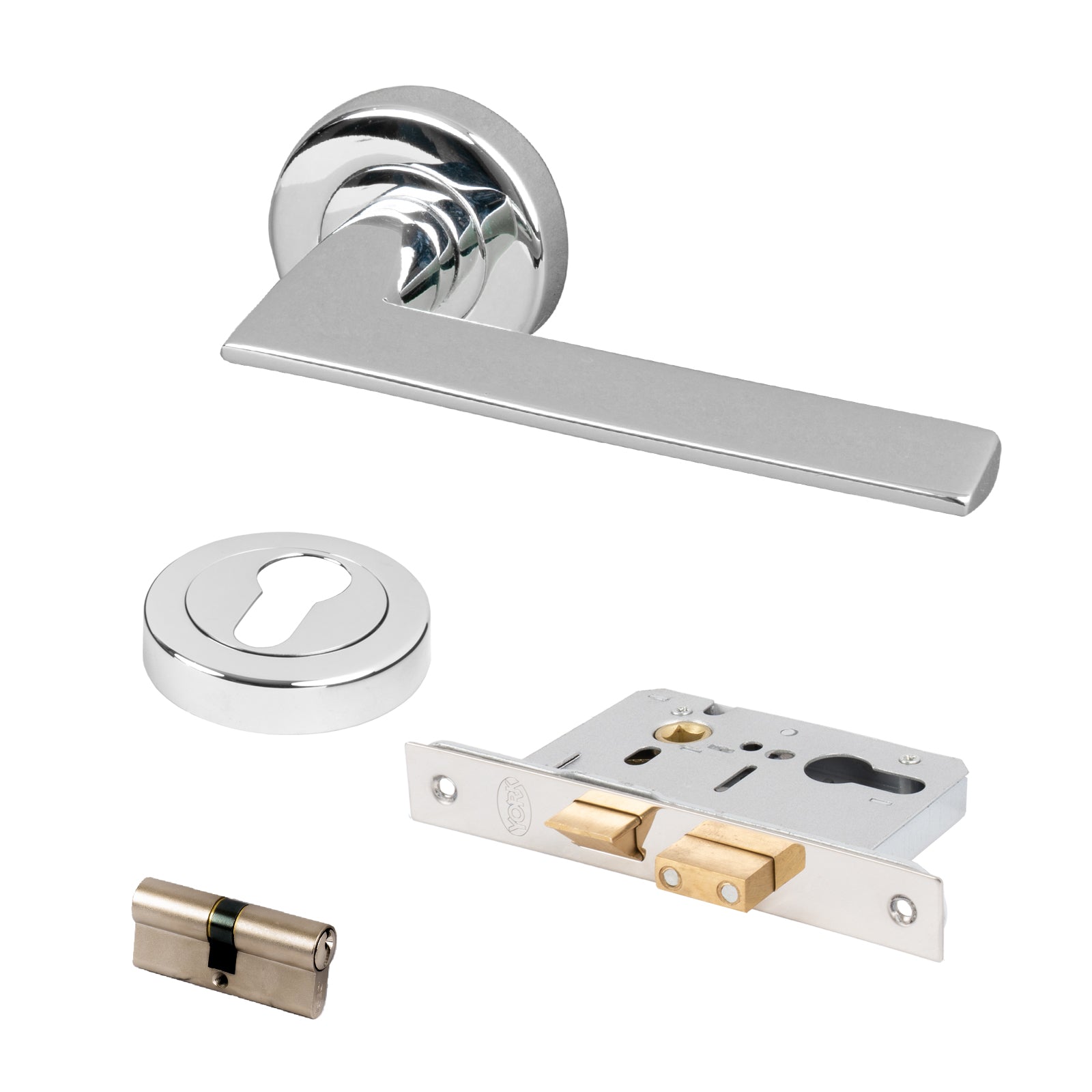 chrome Pyramid lever on rose handles Euro lock set and escutcheon