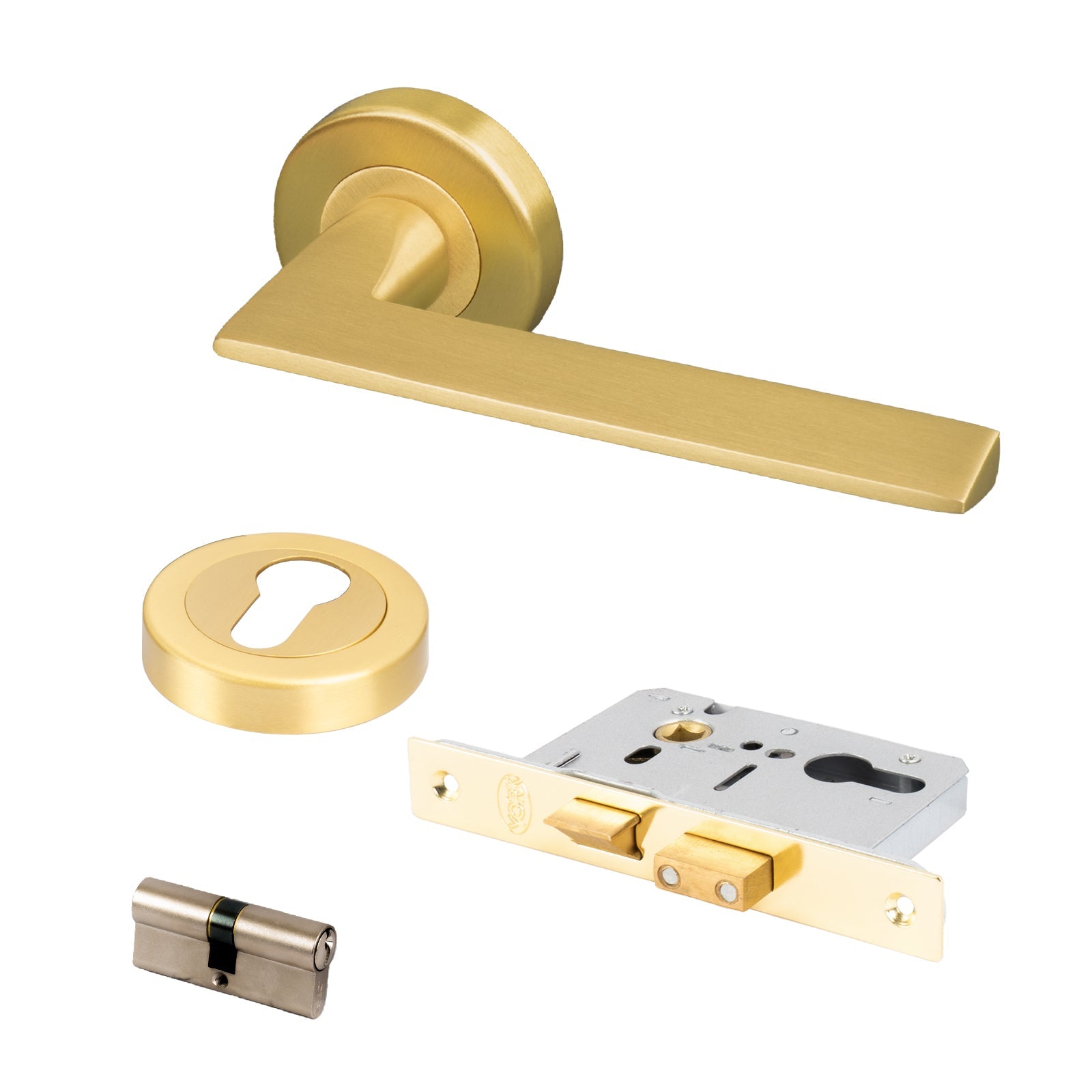 satin brass Pyramid round rose door handles Euro lock set