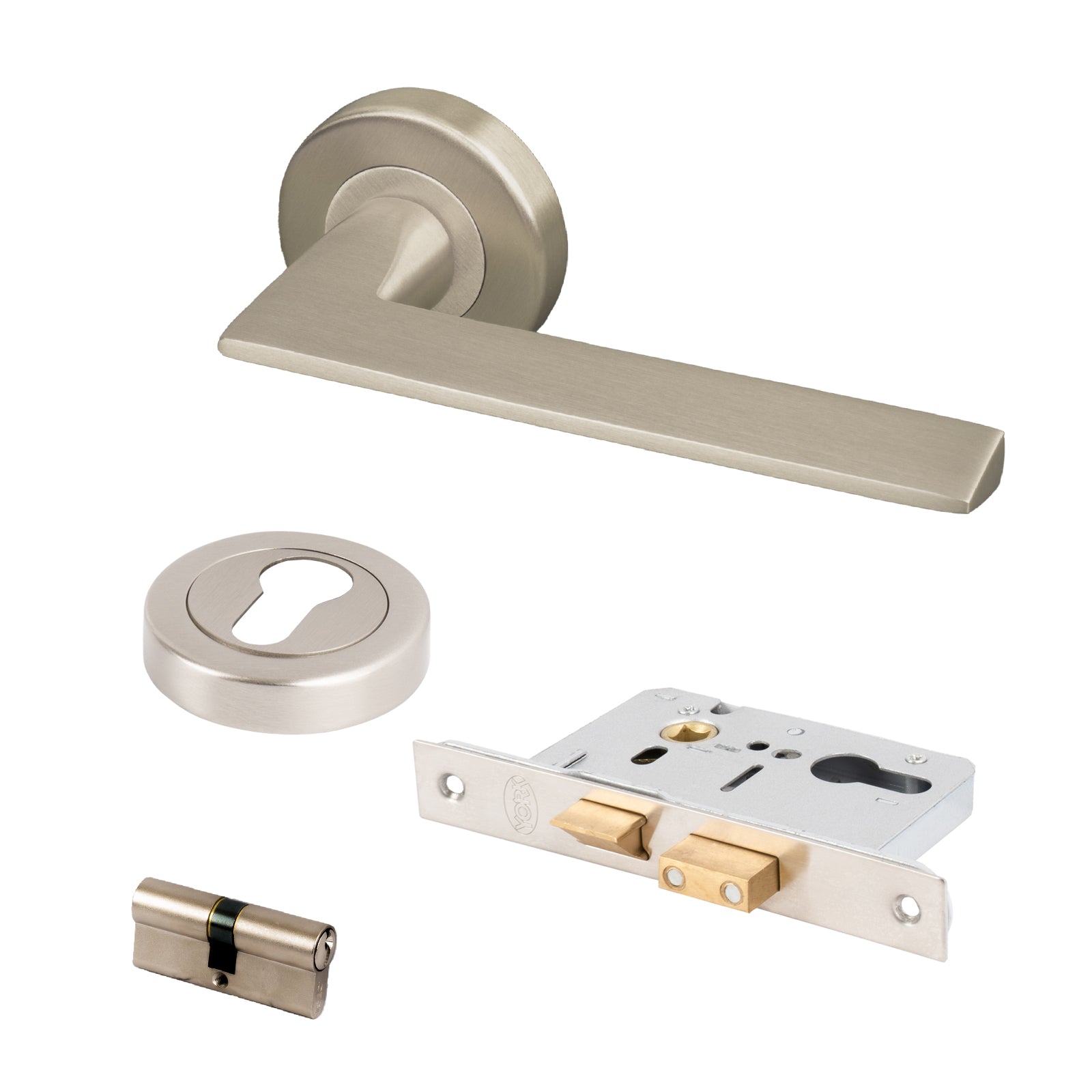 satin nickel Pyramid lever on rose handles front door lock set