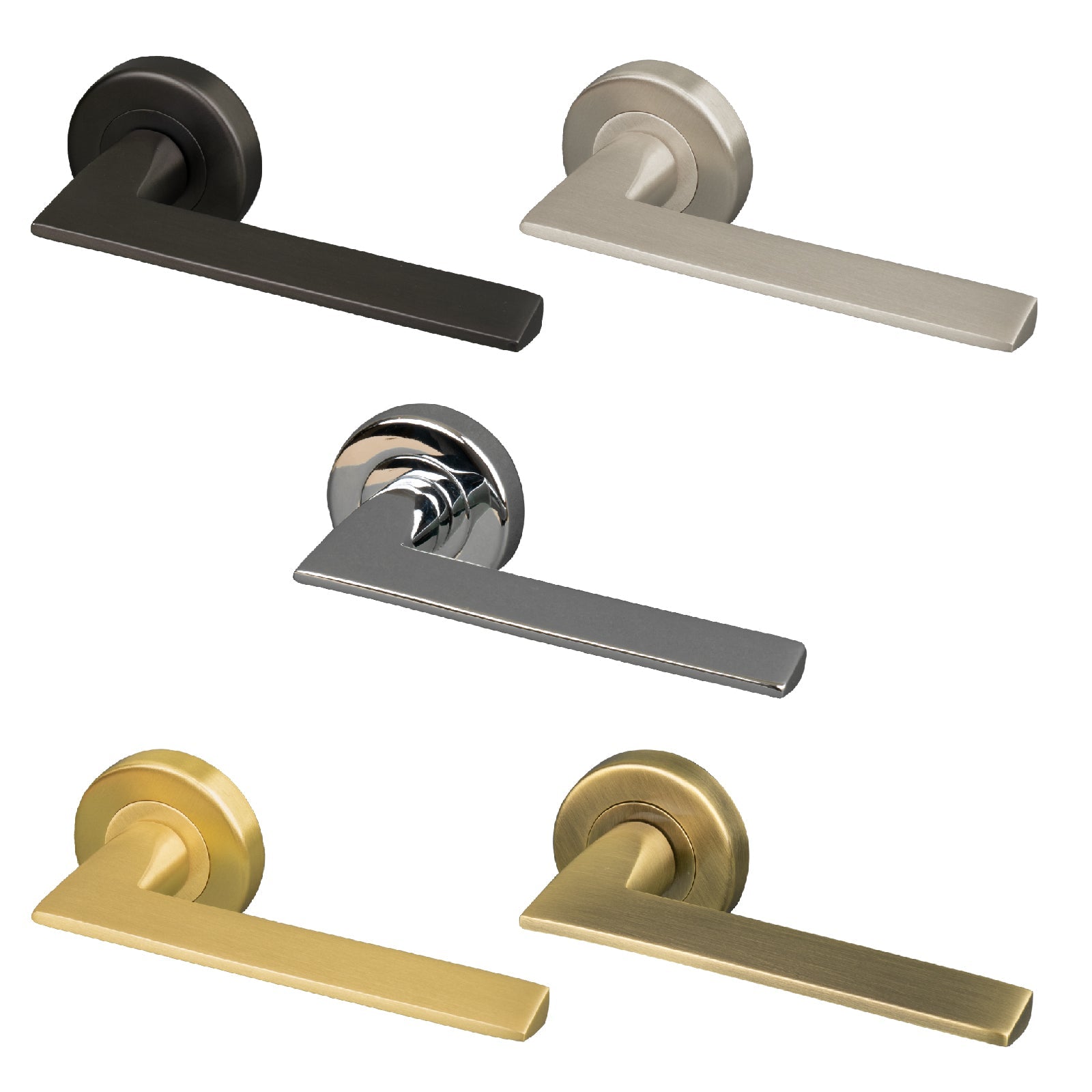 Pyramid Round Rose Door Handles, solid brass lever on rose in five finishes