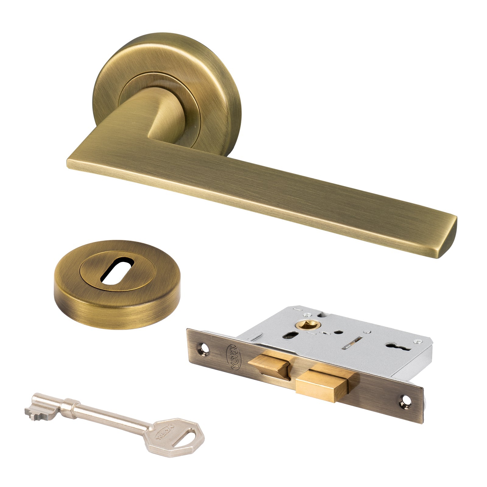 aged brass Pyramid round rose 3 lever lock set and escutcheon