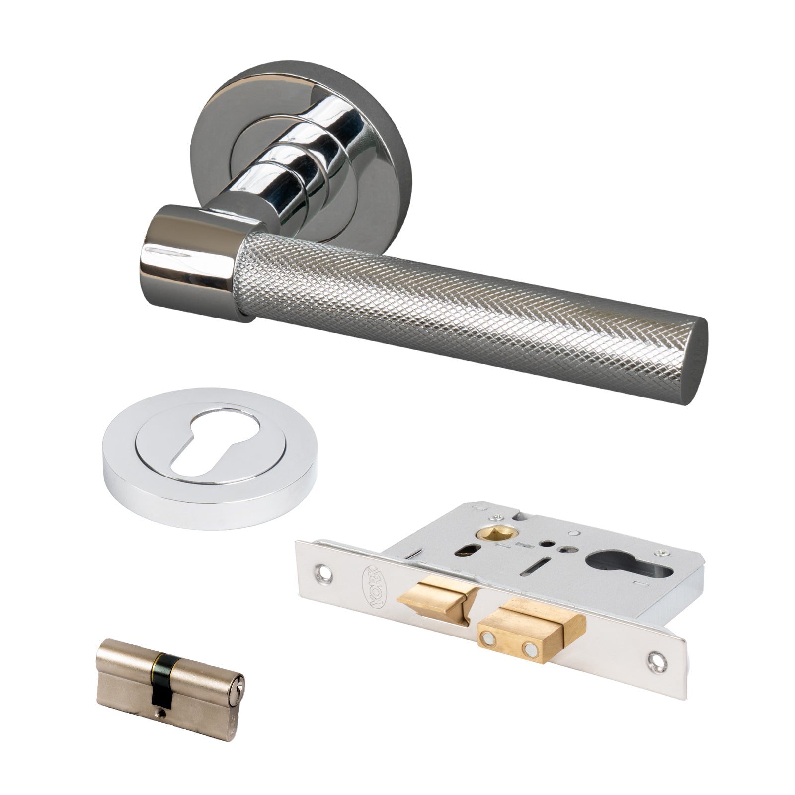 chrome knurled lever on rose handles front door lock set