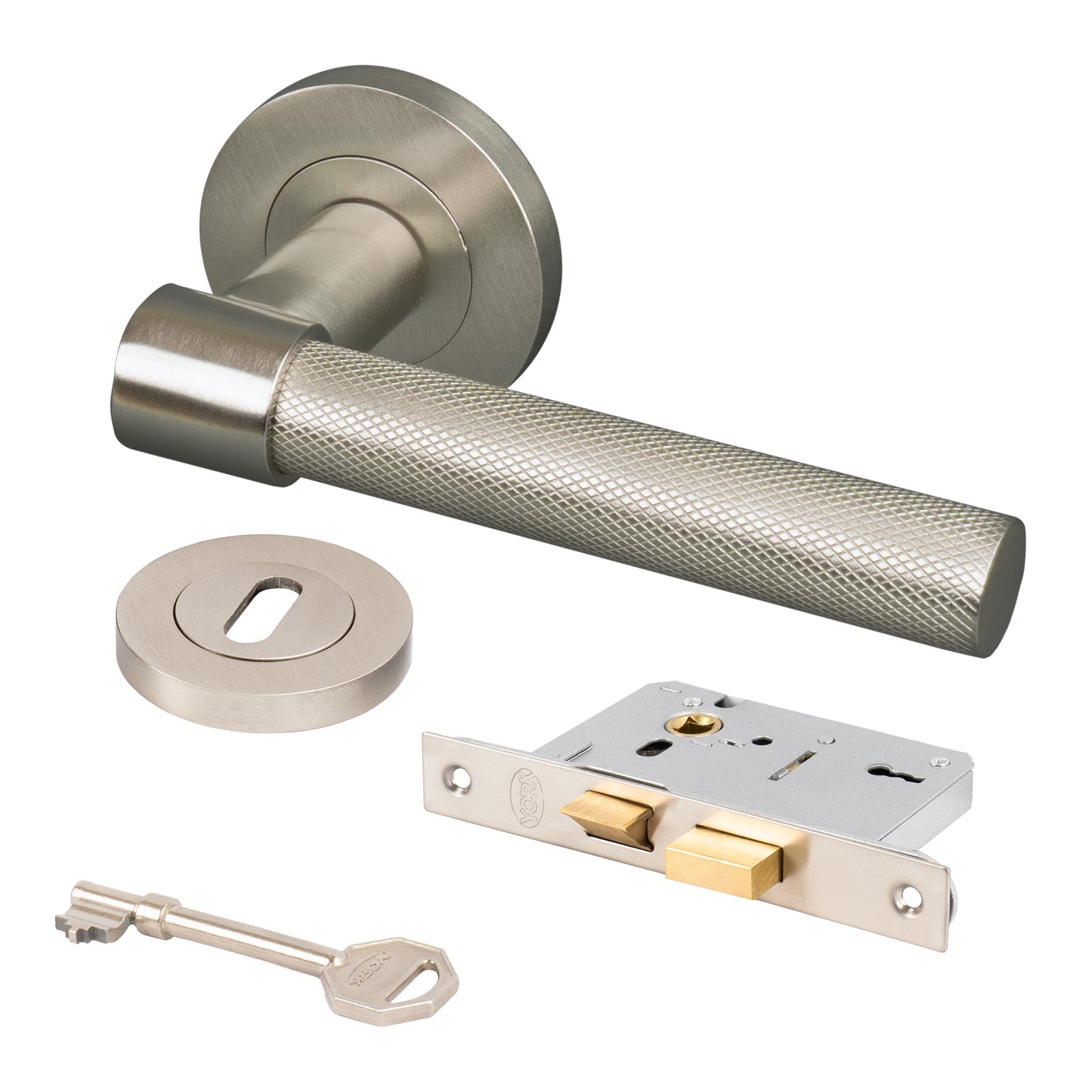 modern satin nickel knurled lever on rose handles 3 lever lock set