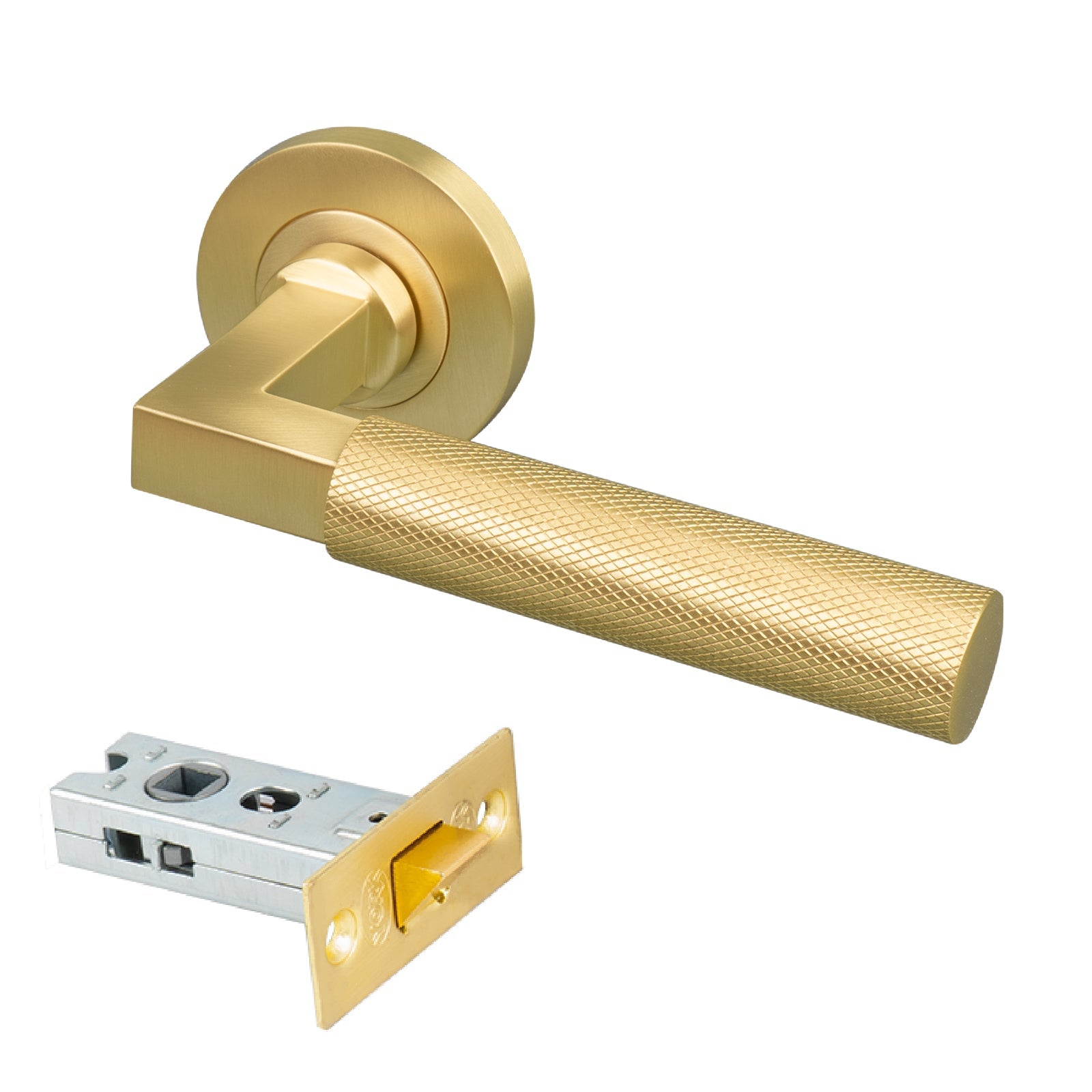 satin brass knurled straight bar lever handle on rose 2.5 inch latch set