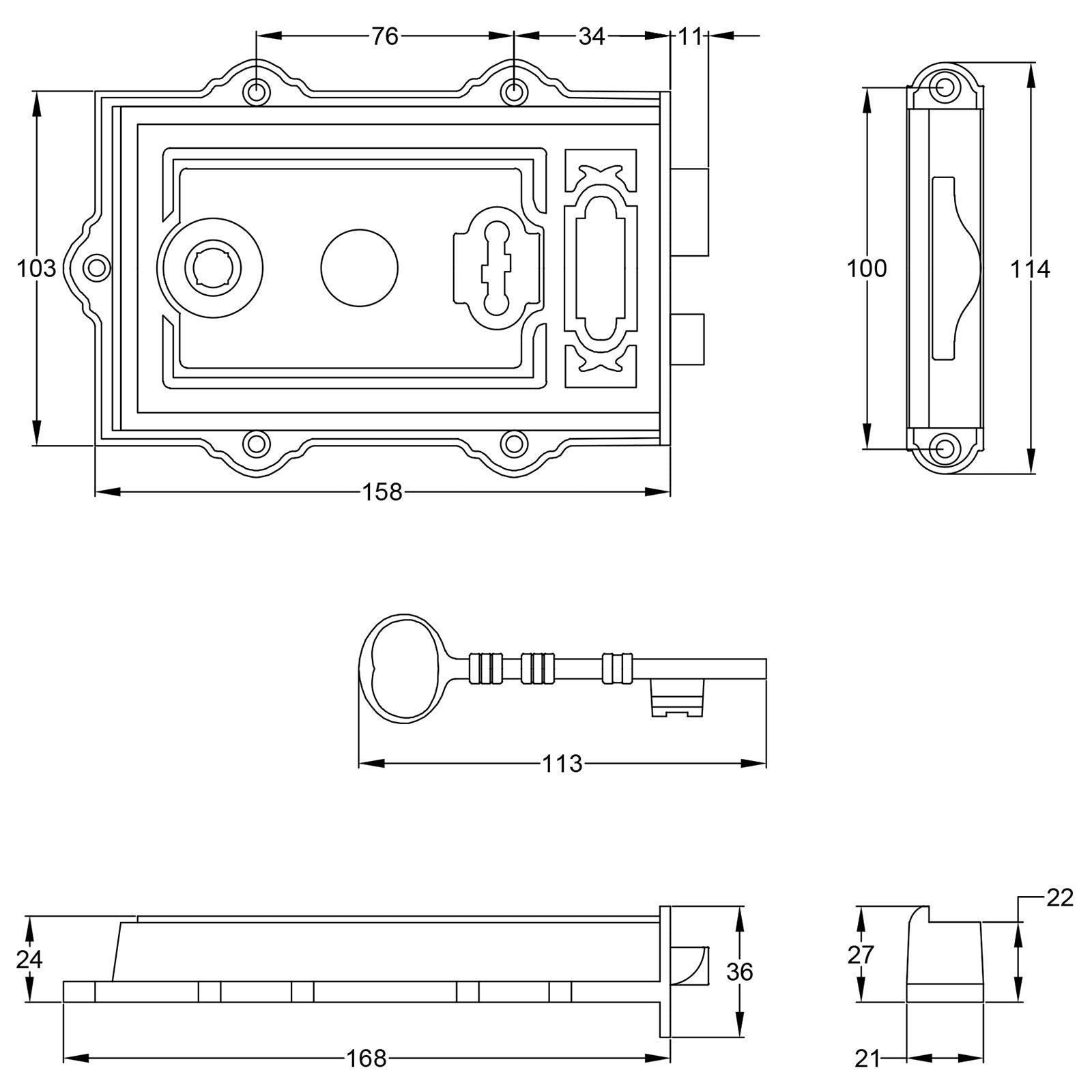 dimension drawing for ornate antique brass rim lock SHOW