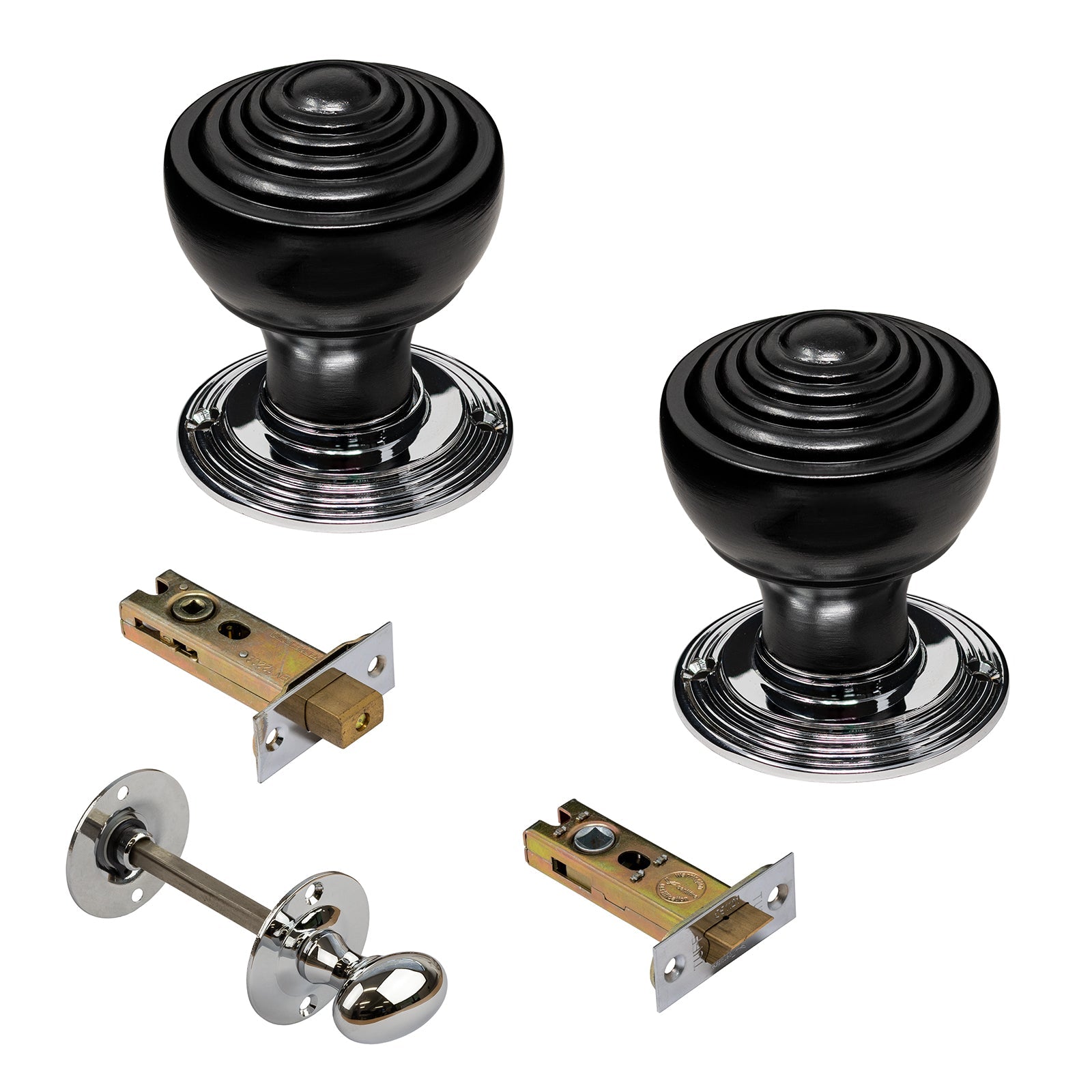 black and chrome door knob bathroom set