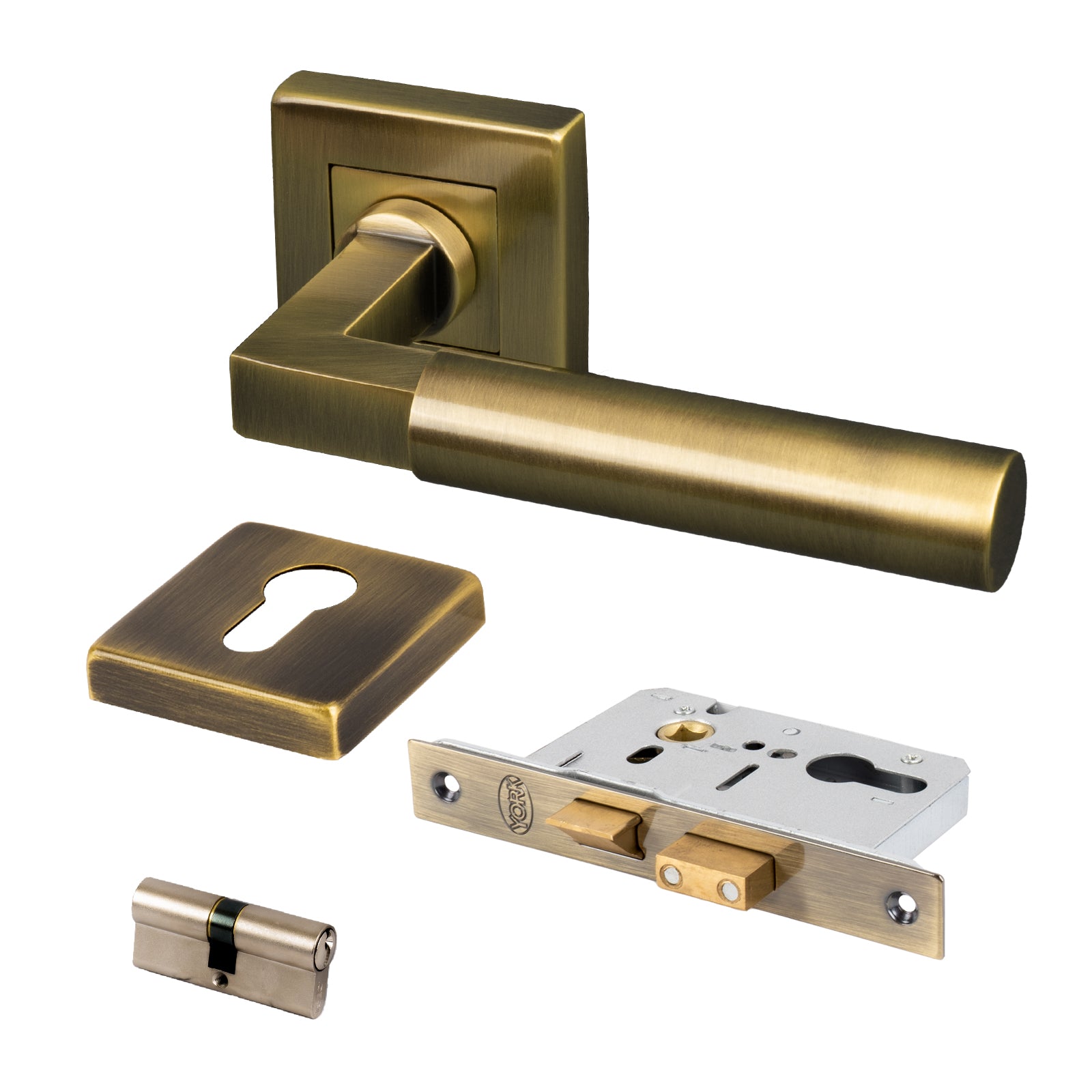 aged brass square rose door handles euro lock escutcheon set