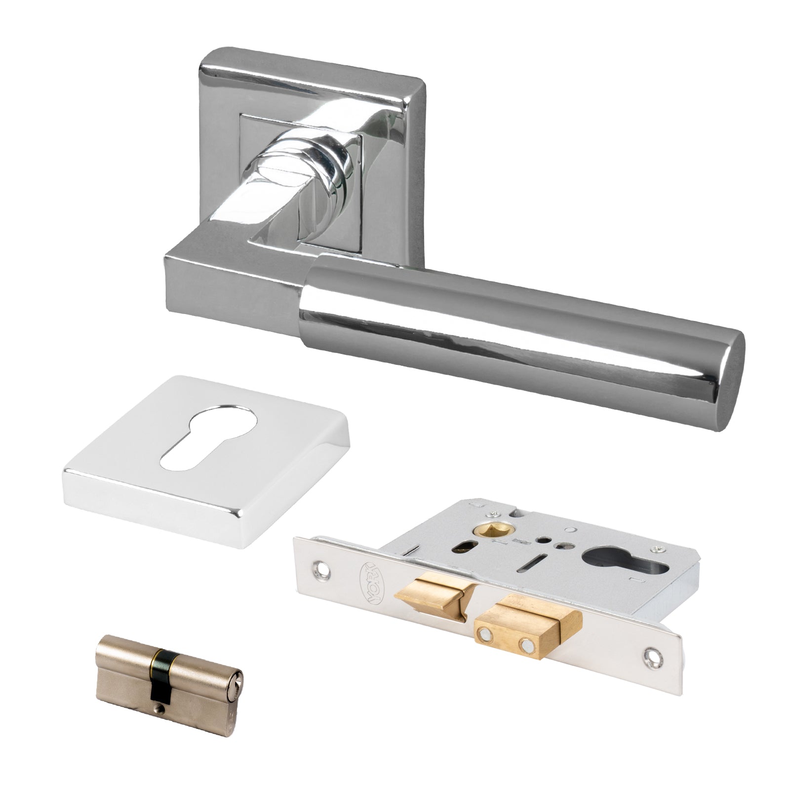 chrome square rose door handles euro lock escutcheon set