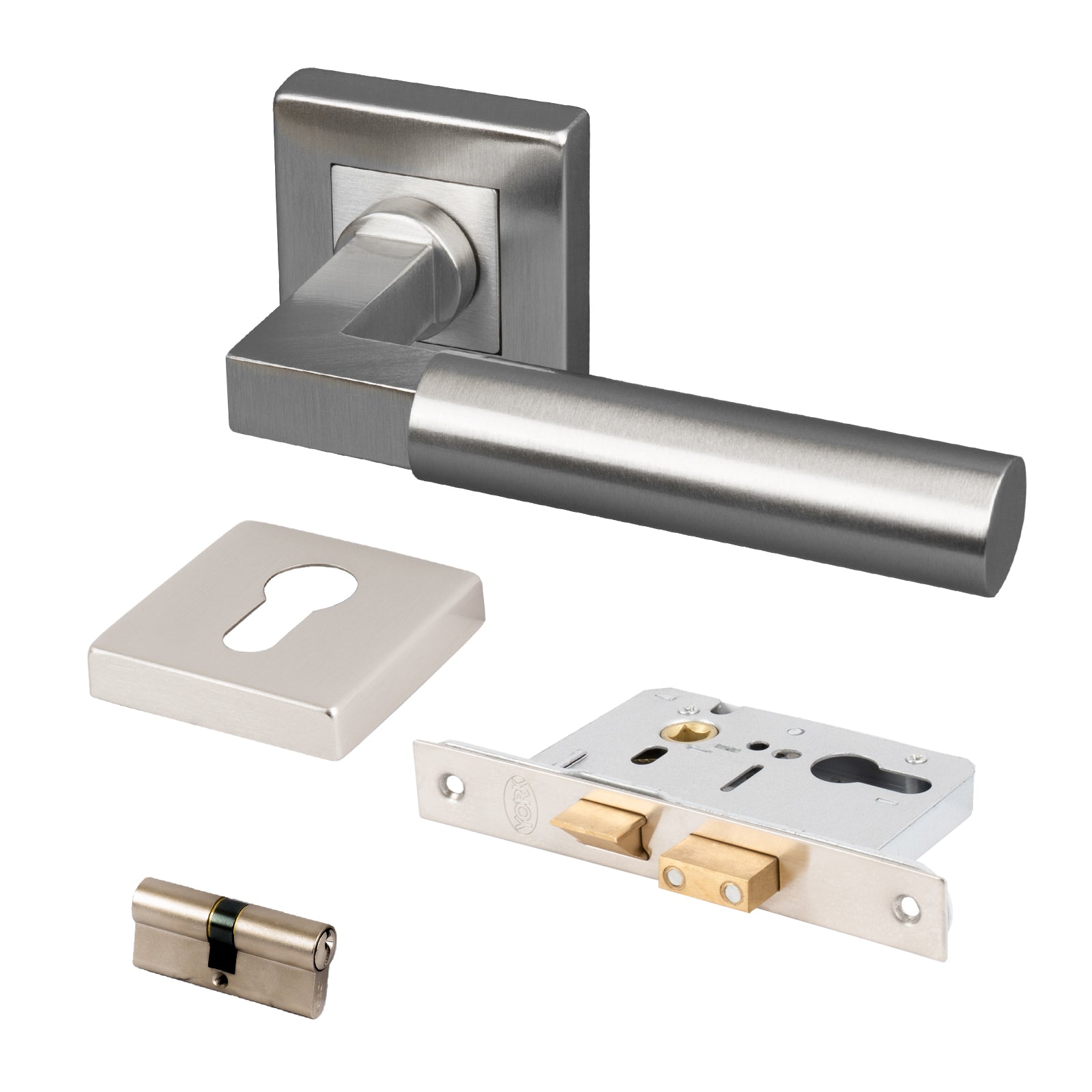 satin nickel square rose door handles euro lock escutcheon set