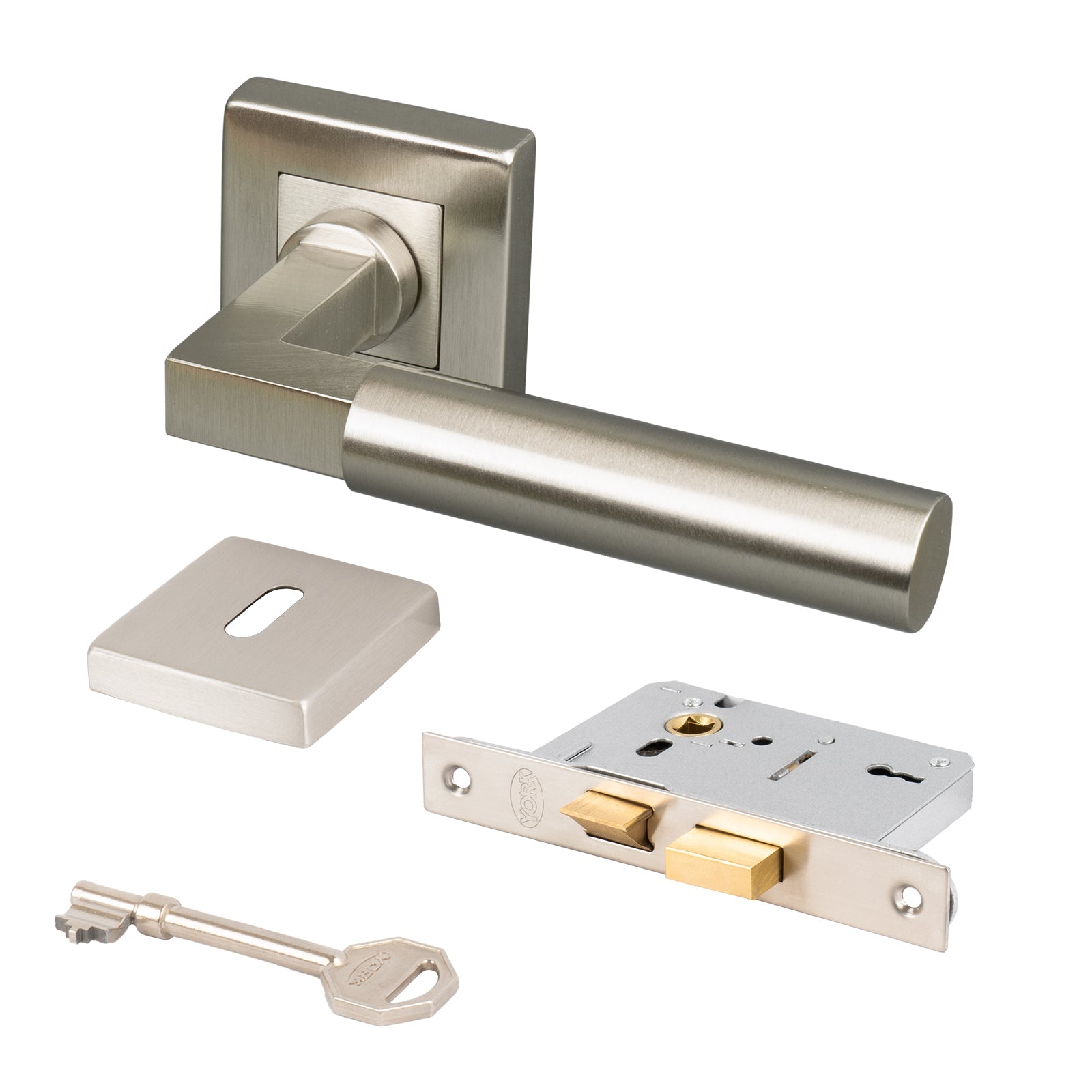 satin nickel Bauhaus handles 3 lever sash lock set with escutcheon