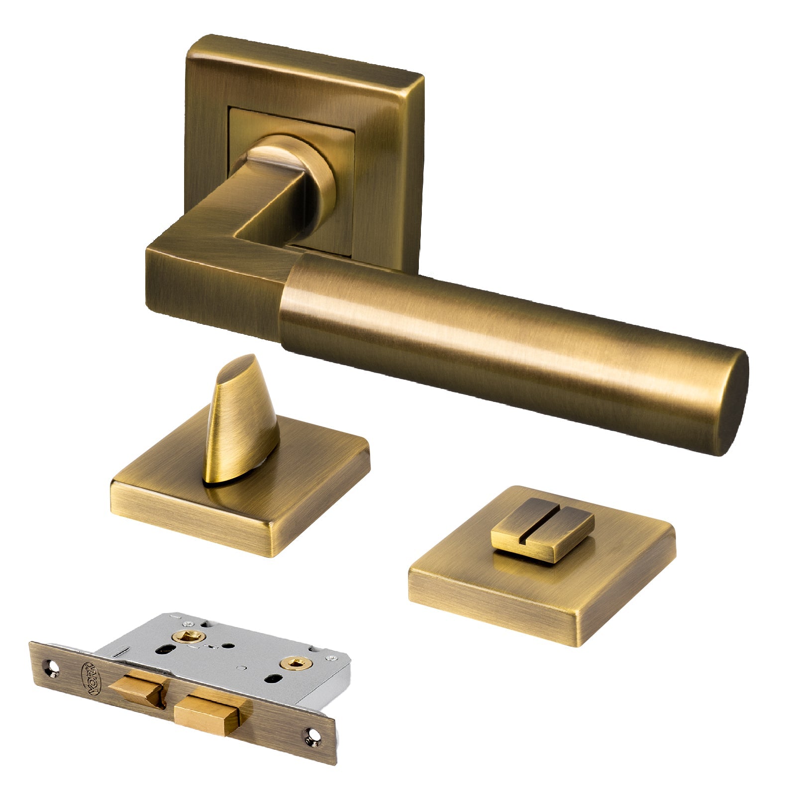 aged brass square rose door handle bathroom set