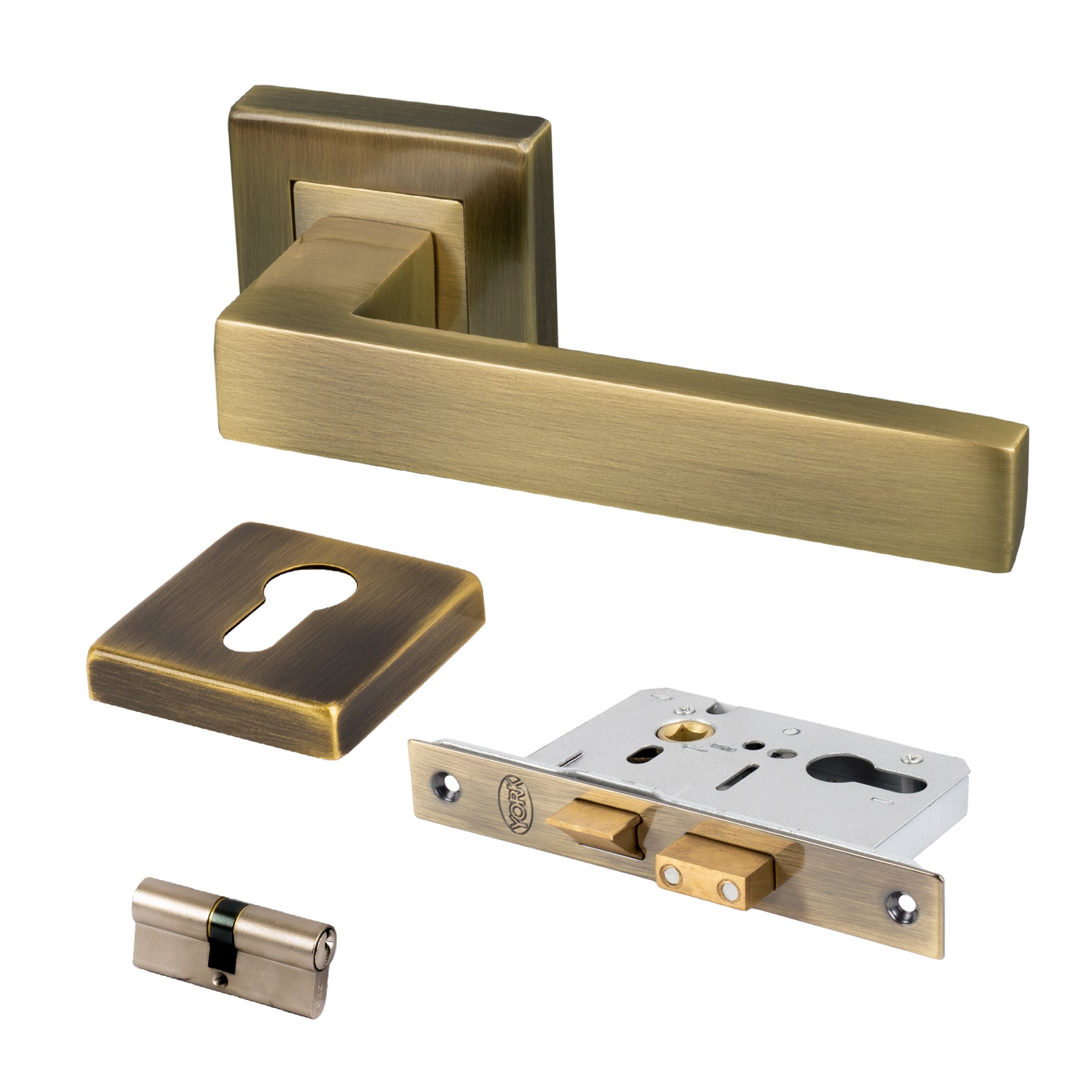 aged brass modern square rose door handle euro lock set