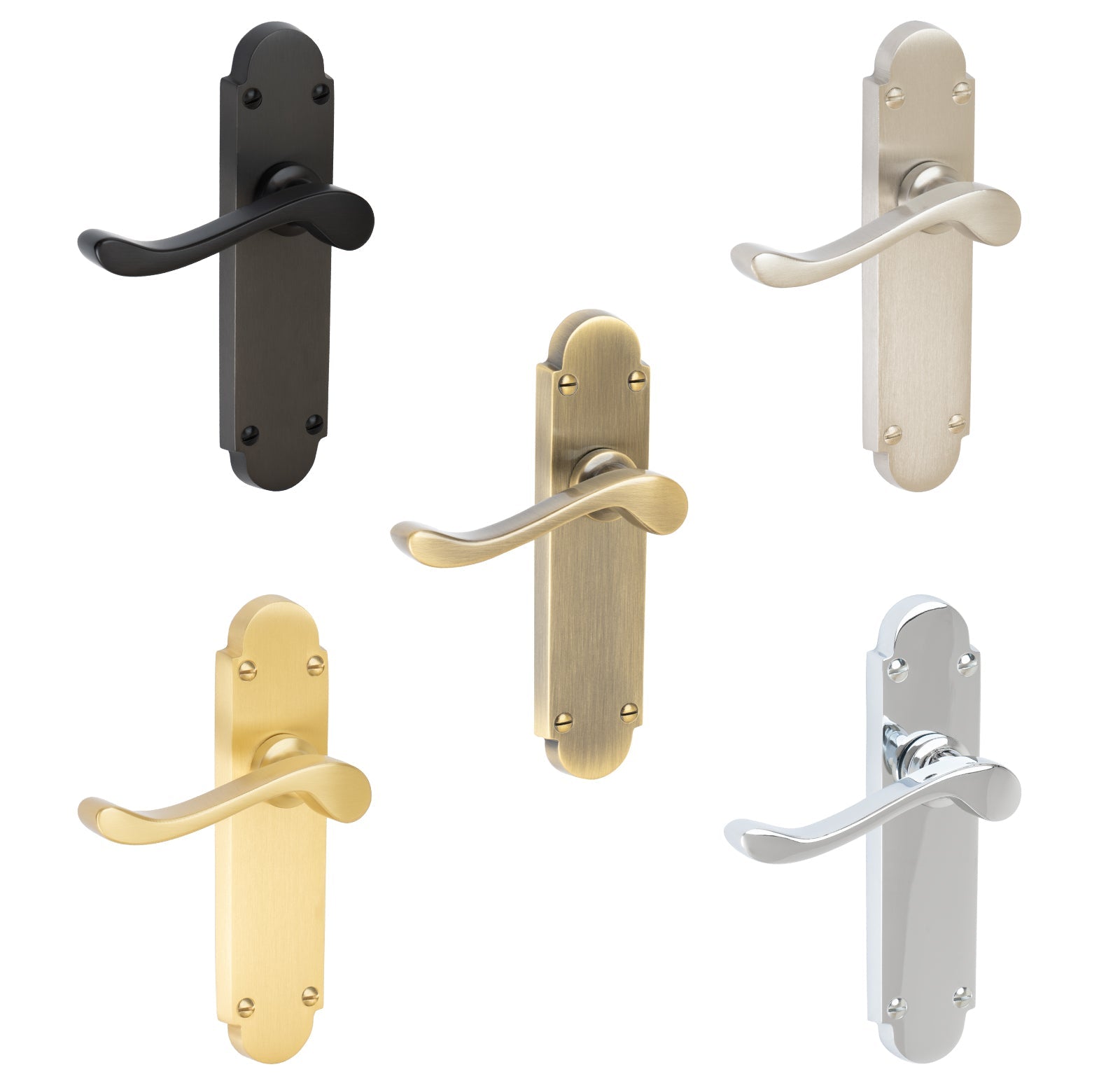 Savoy Door Handles On Plate Latch Handle in Matt Bronze, Satin Nickel, Polished Chrome, Satin Brass and Aged Brass.