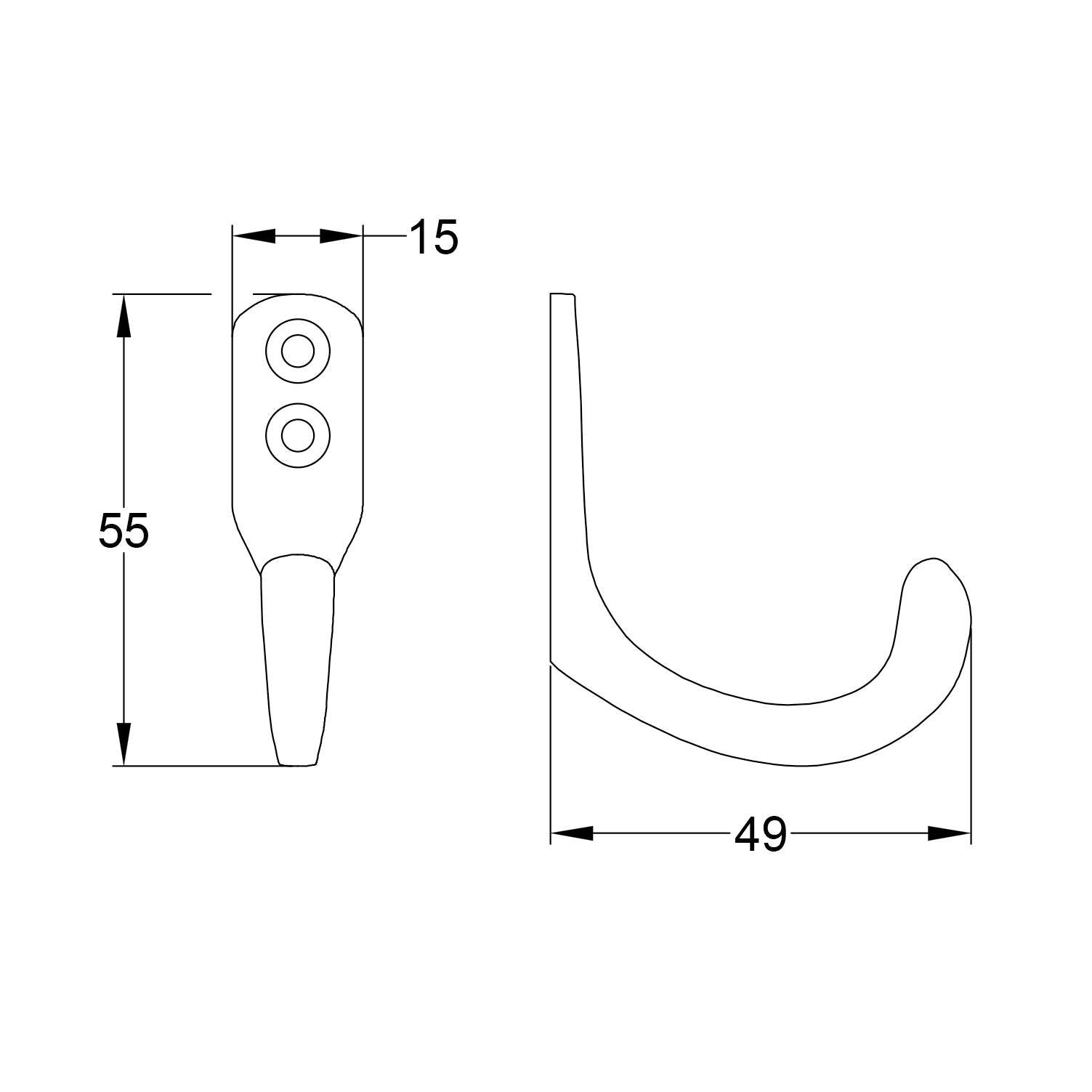 Drawing of Hammered Antique Brass Single Robe Hooks SHOW