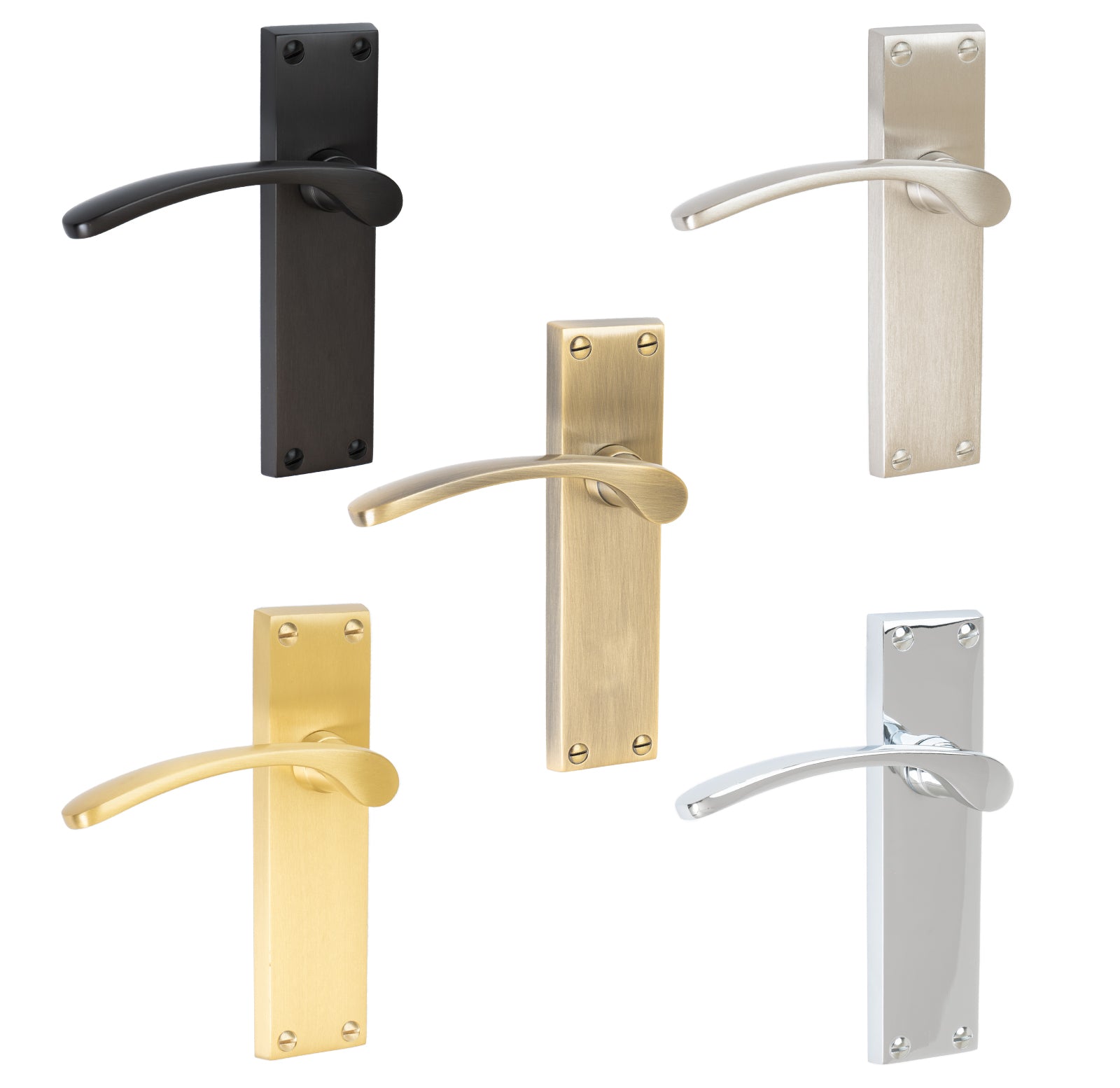 Sophia Door Handles On Plate Latch Handle in Matt Bronze, Satin Nickel, Polished Chrome, Satin Brass and Aged Brass.