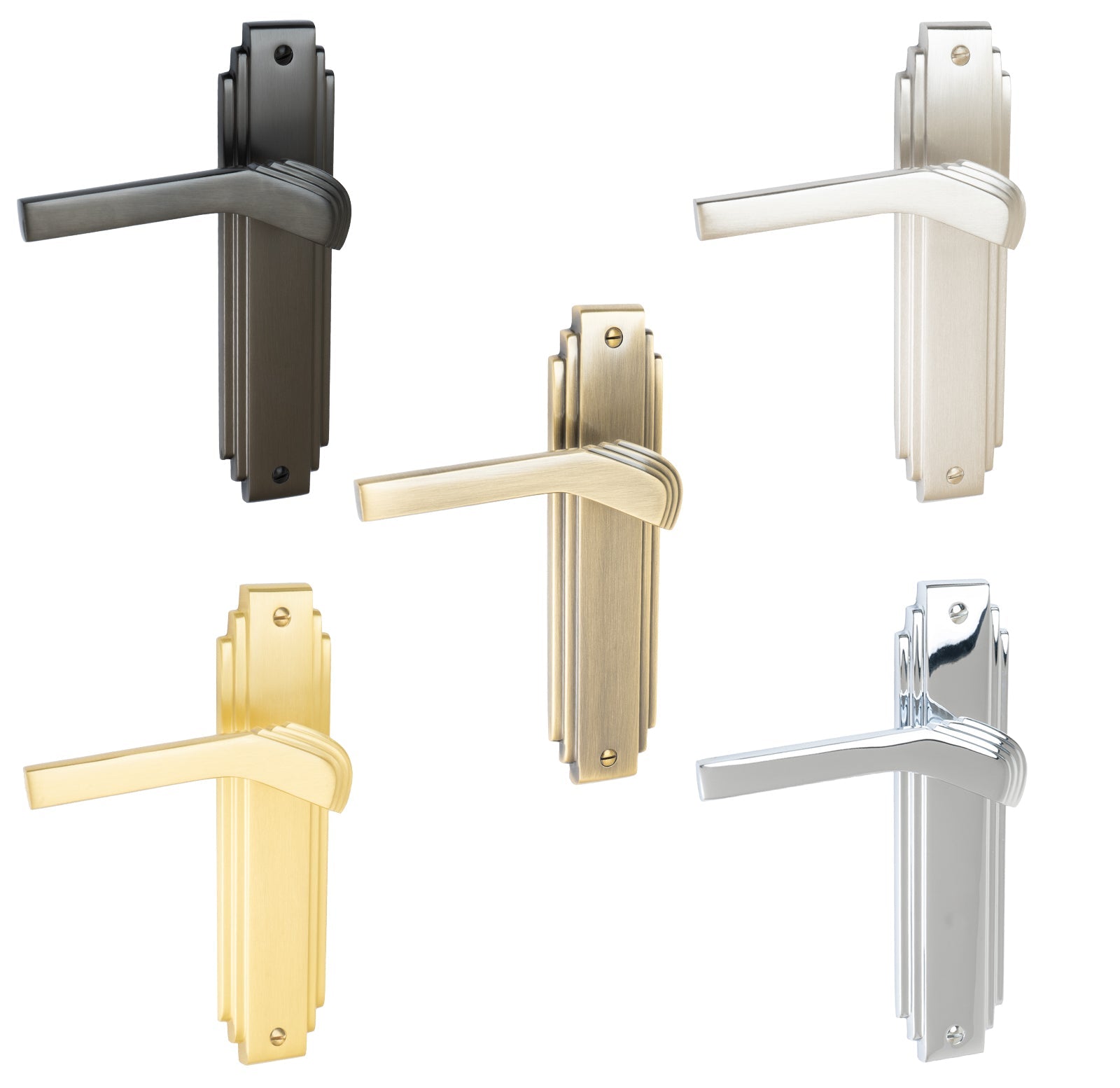 Tiffany Door Handles On Plate Latch Handle in Matt Bronze, Satin Nickel, Polished Chrome, Satin Brass and Aged Brass.