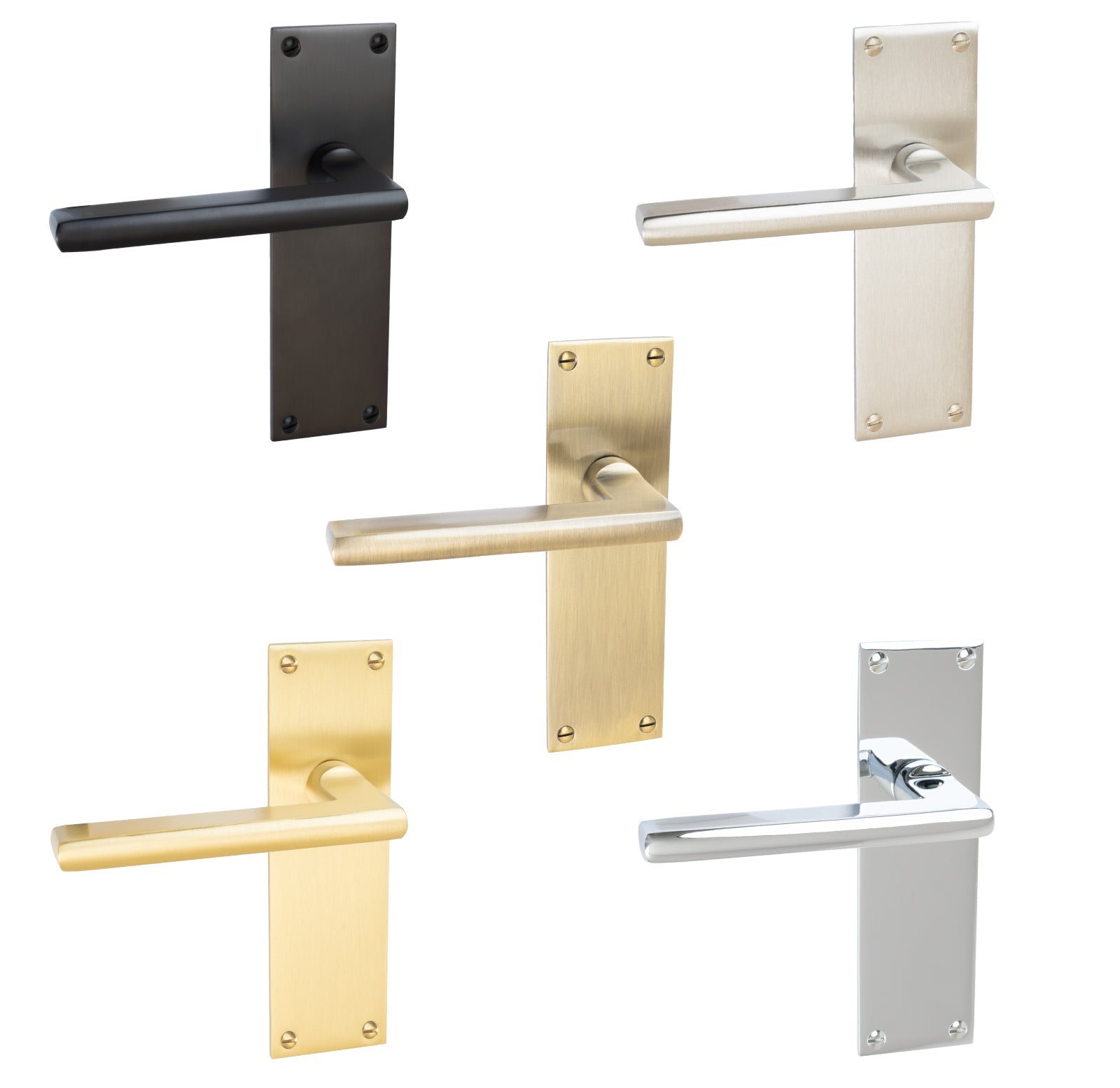 Trident Door Handles On Plate Latch Handle in Matt Bronze, Satin Nickel, Polished Chrome, Satin Brass and Aged Brass.