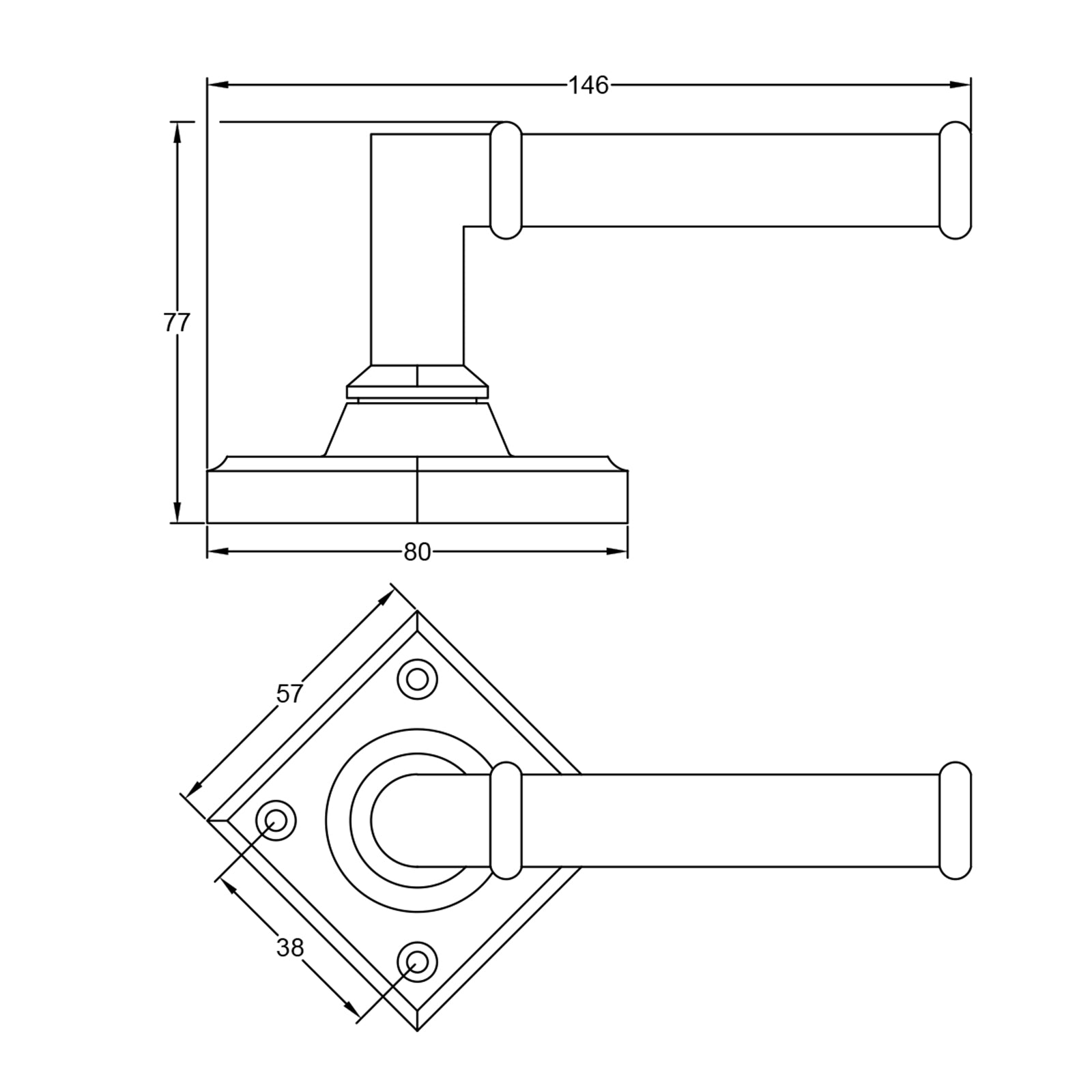 Diamond Rose Turned Door Handles dimension drawing SHOW