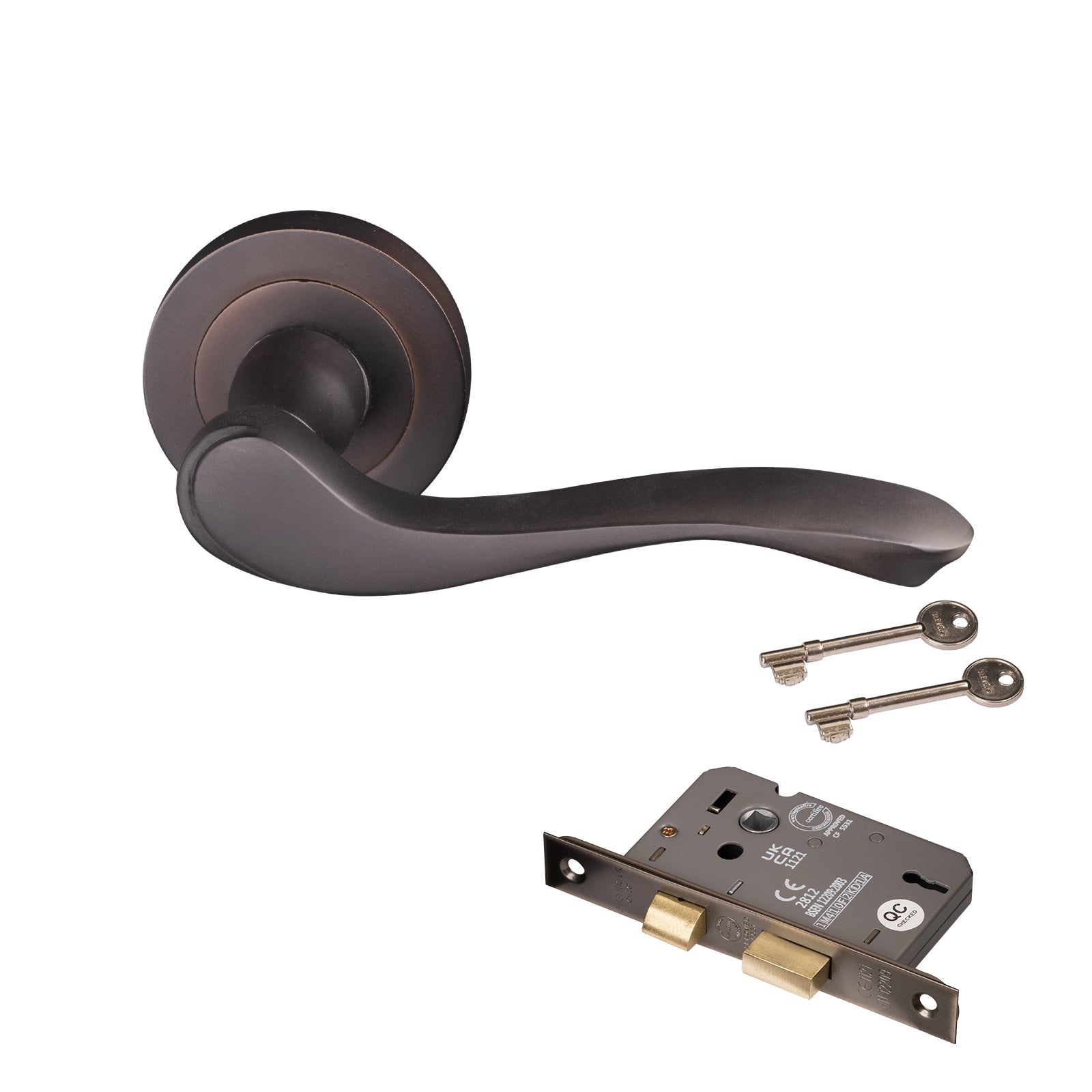 bronze door handles on rose 3 lever lock set