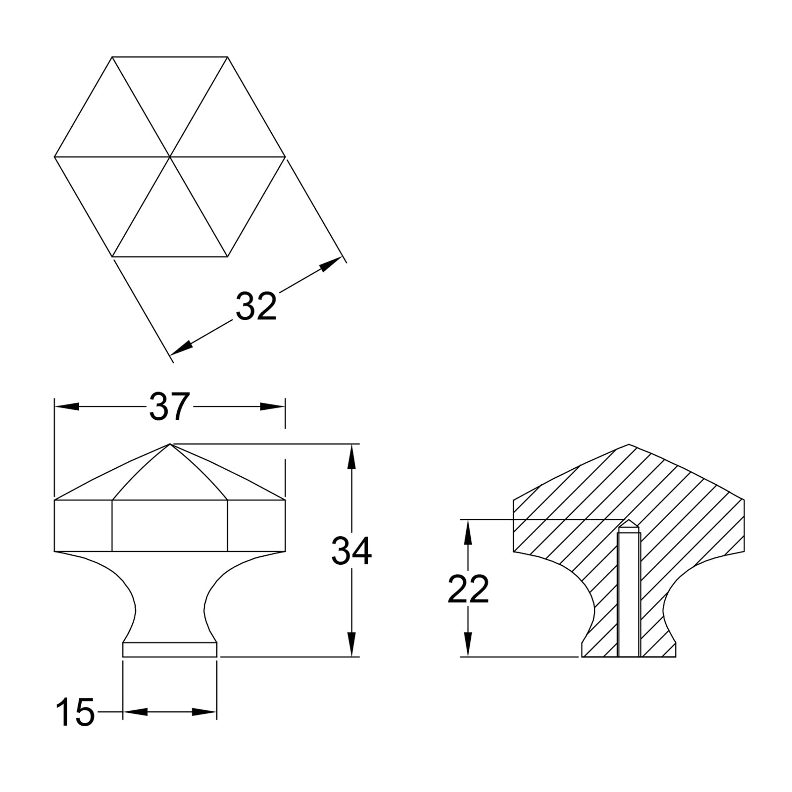 Dimension drawing Hexagon cupboard knobs SHOW