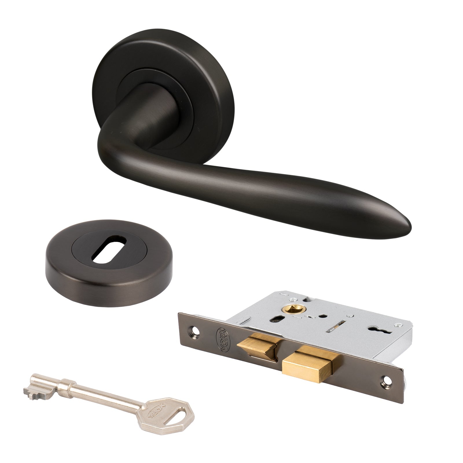 bronze Sutton round rose handles 3 lever lock set and escutcheon