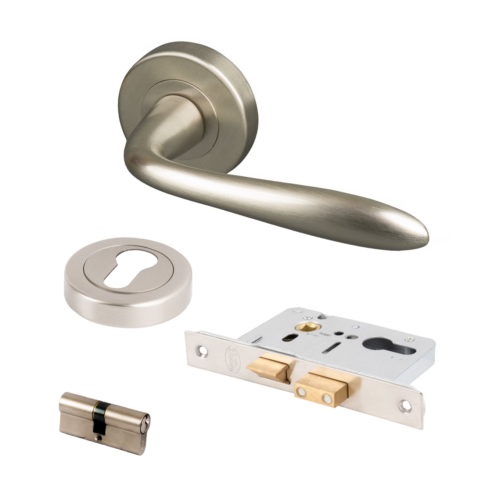 satin nickel round rose handles euro lock set for front doors