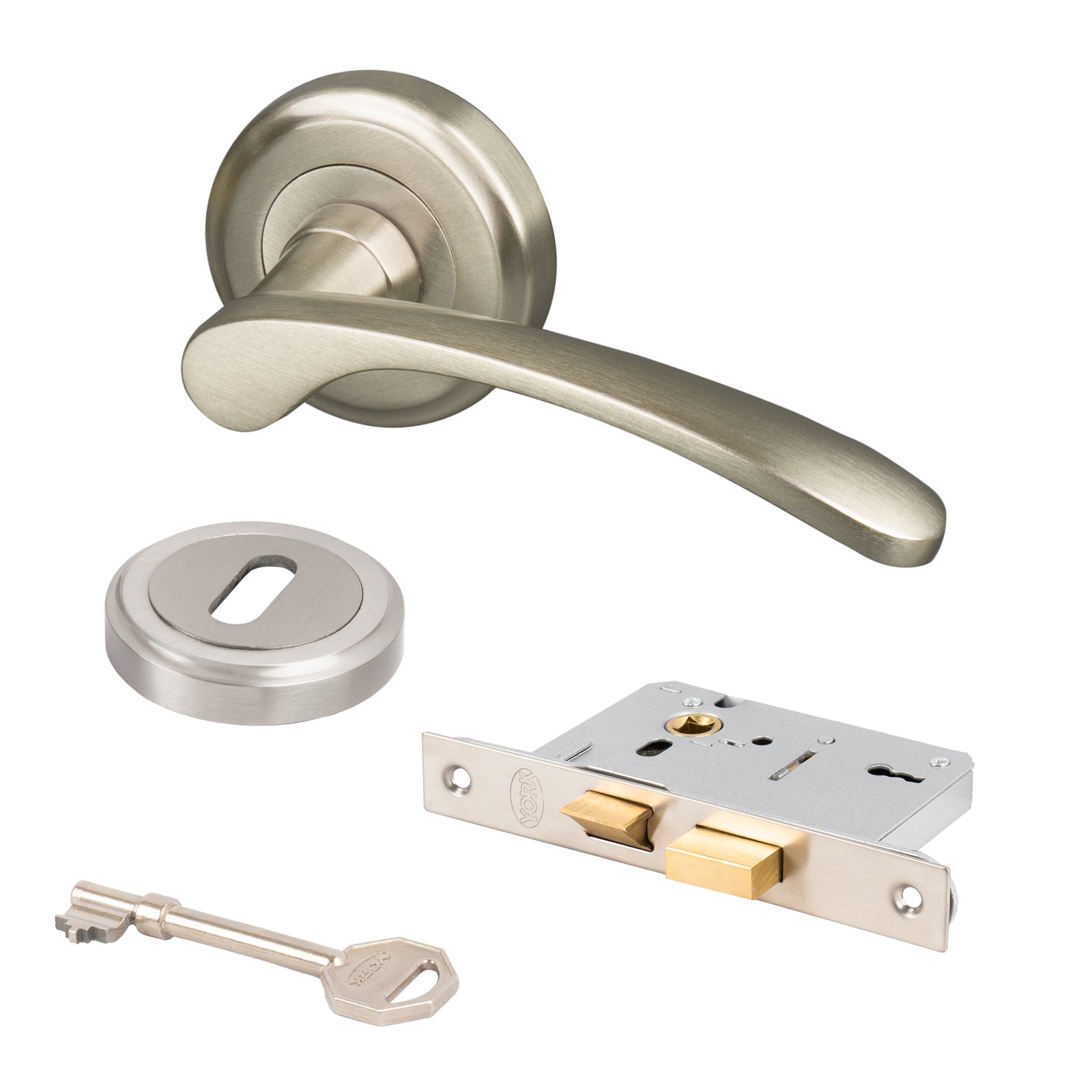 satin brass Sophia lever on rose handles 3 lever lock set and escutcheon