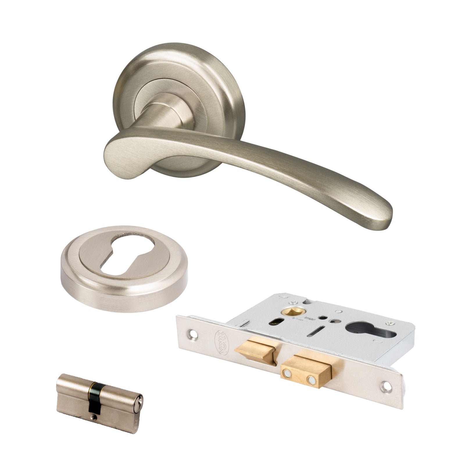 satin nickel Sophia round rose door handles Euro lock set