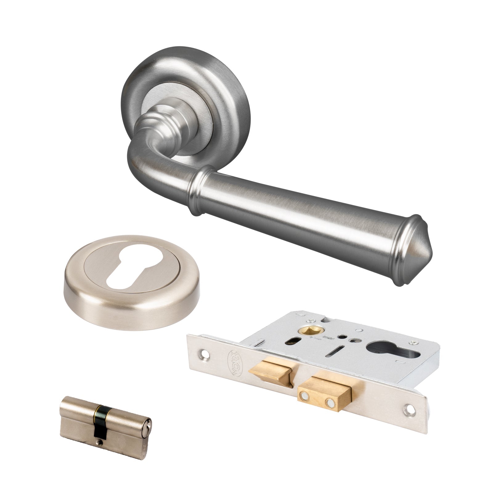 satin nickel classic round rose lever handles Euro lock set