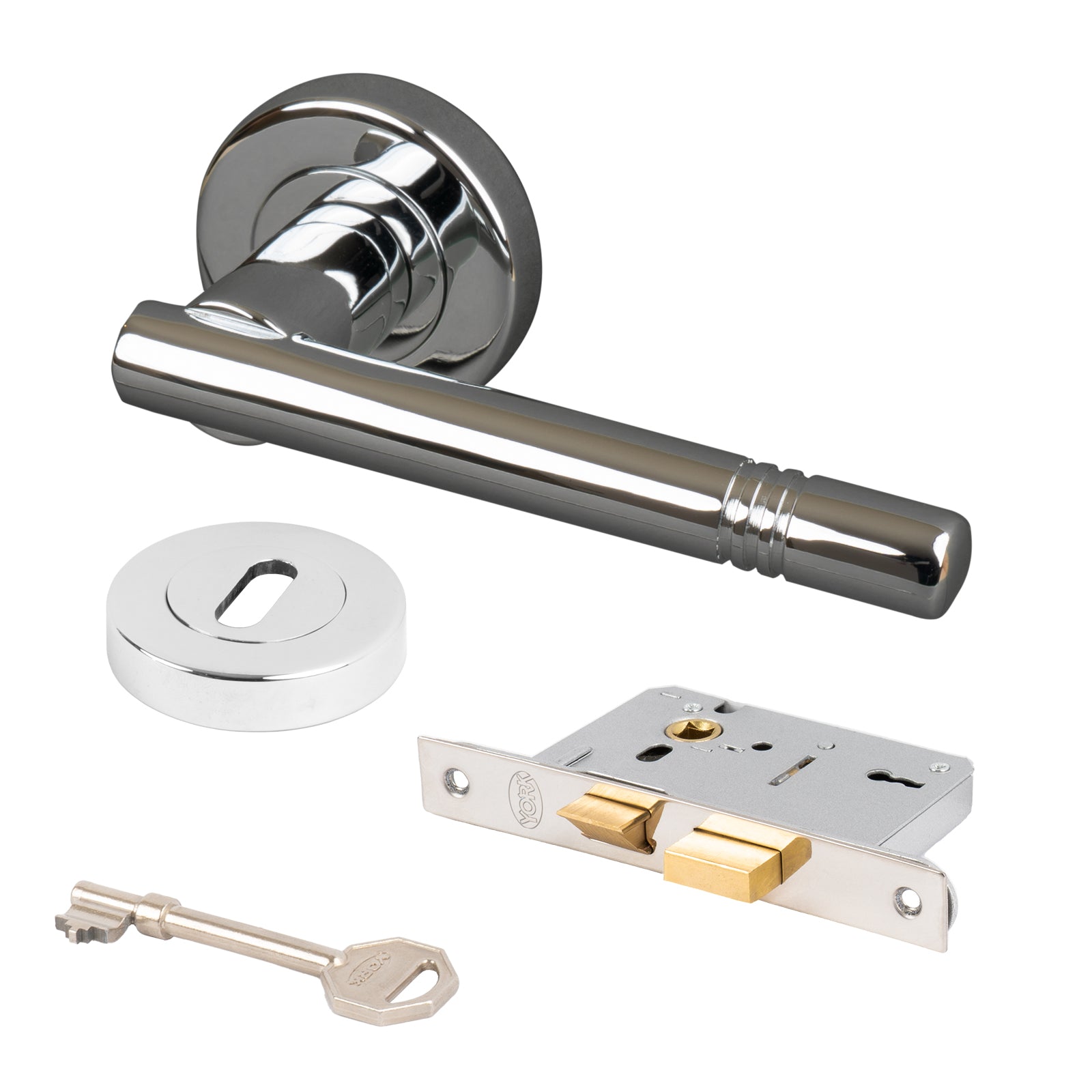 polished chrome round rose handle british standard 3 lever lock set and keyhole cover