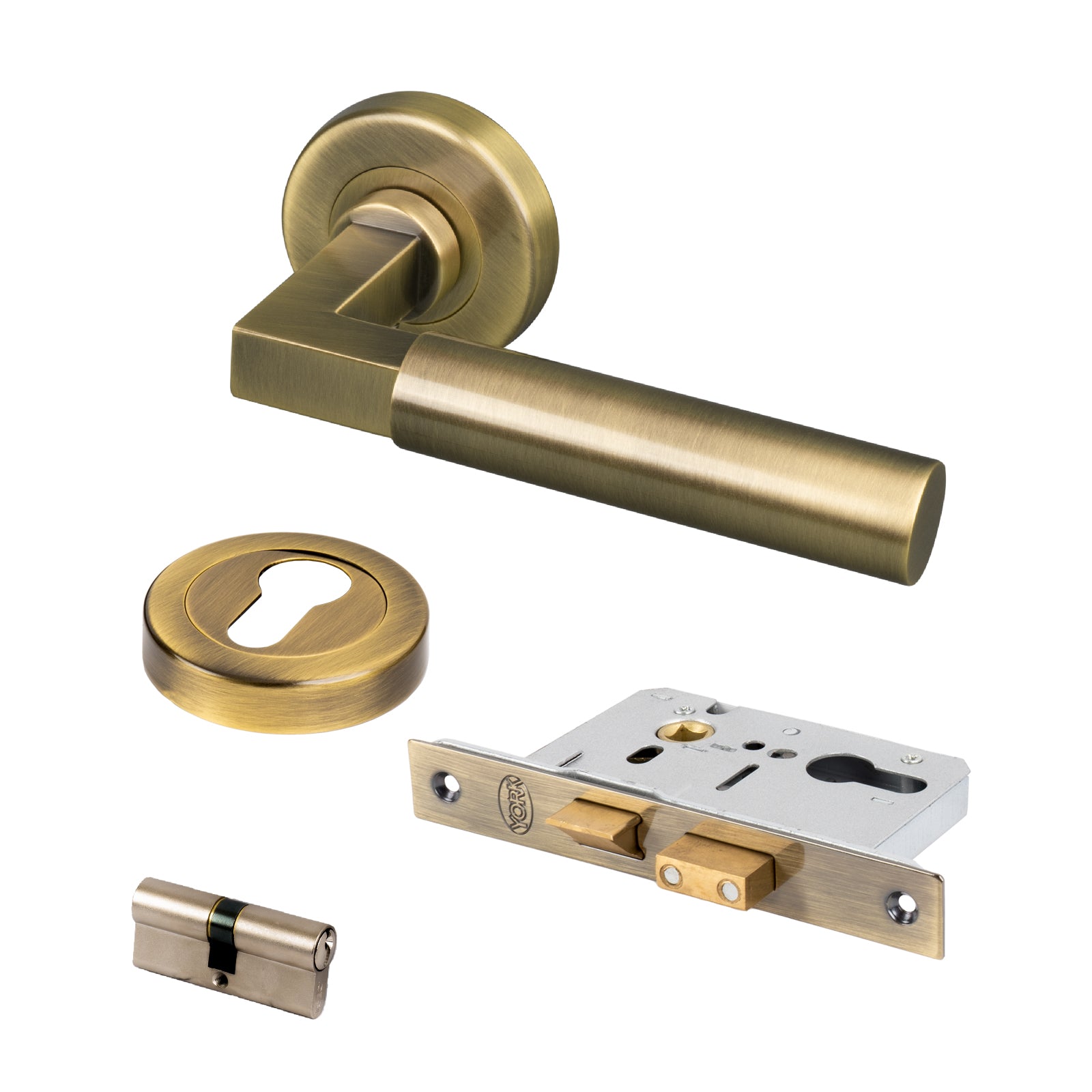 aged brass Bahaus modern rose handles Euro lock set with keyole cover