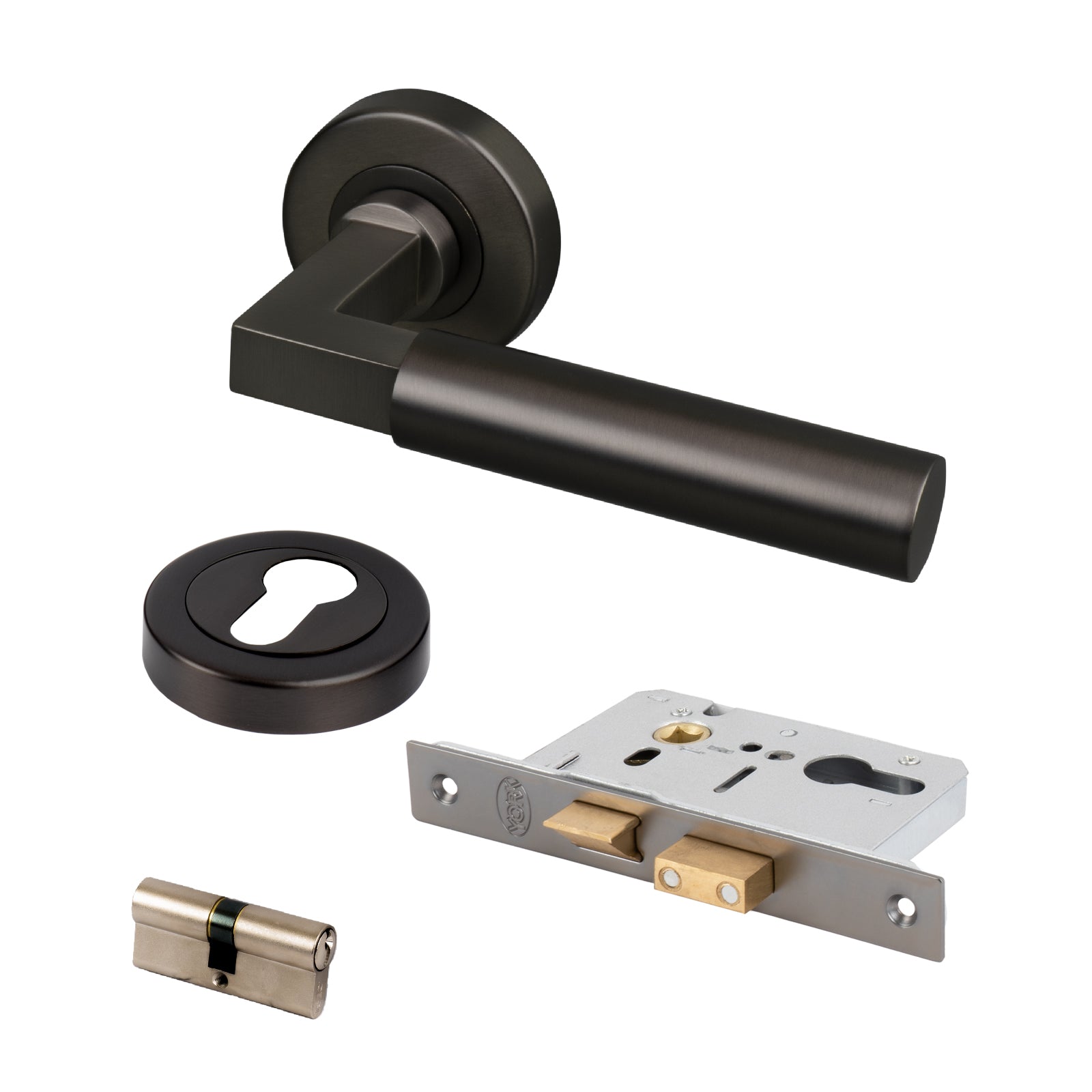 bronze Bauhaus handles Euro lock set with escutcheon