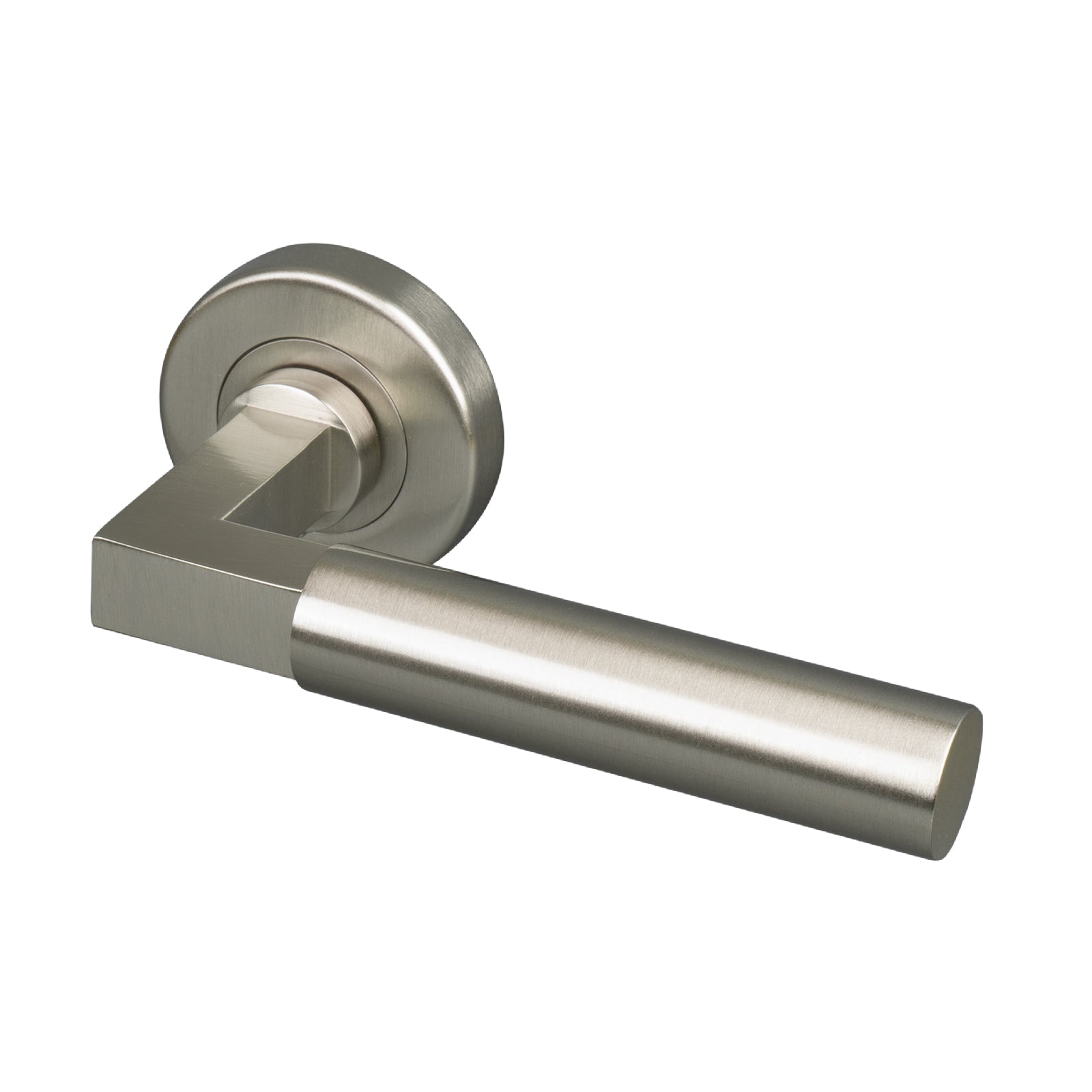 satin nickel bauhaus round rose door handles, concealed fixings SHOW