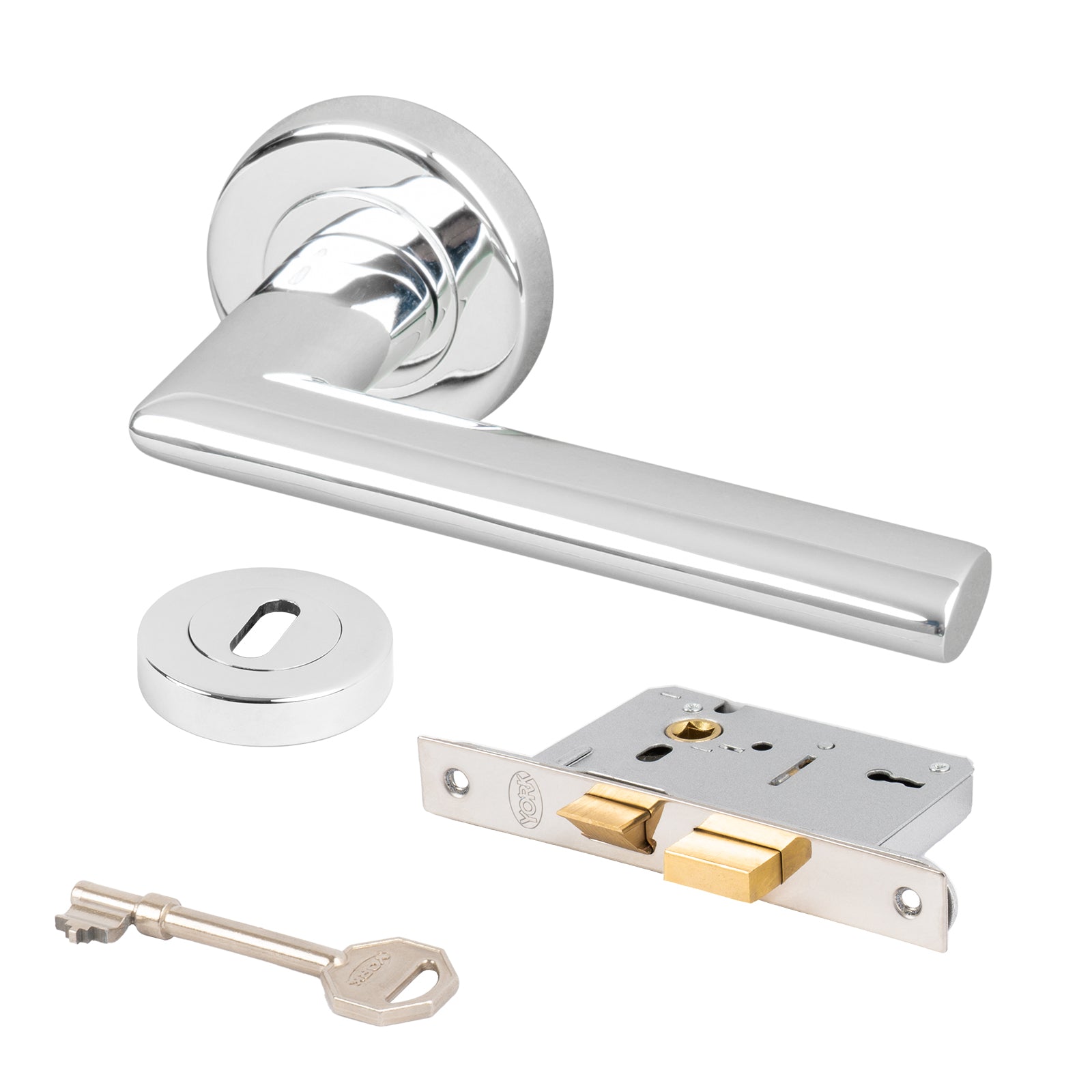 chrome Lena door handles on rose 3 lever lock set