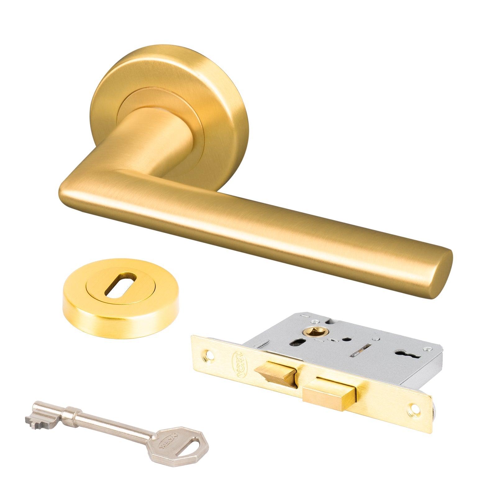 satin brass Lena round rose door handles 3 lever lock set and escutcheon