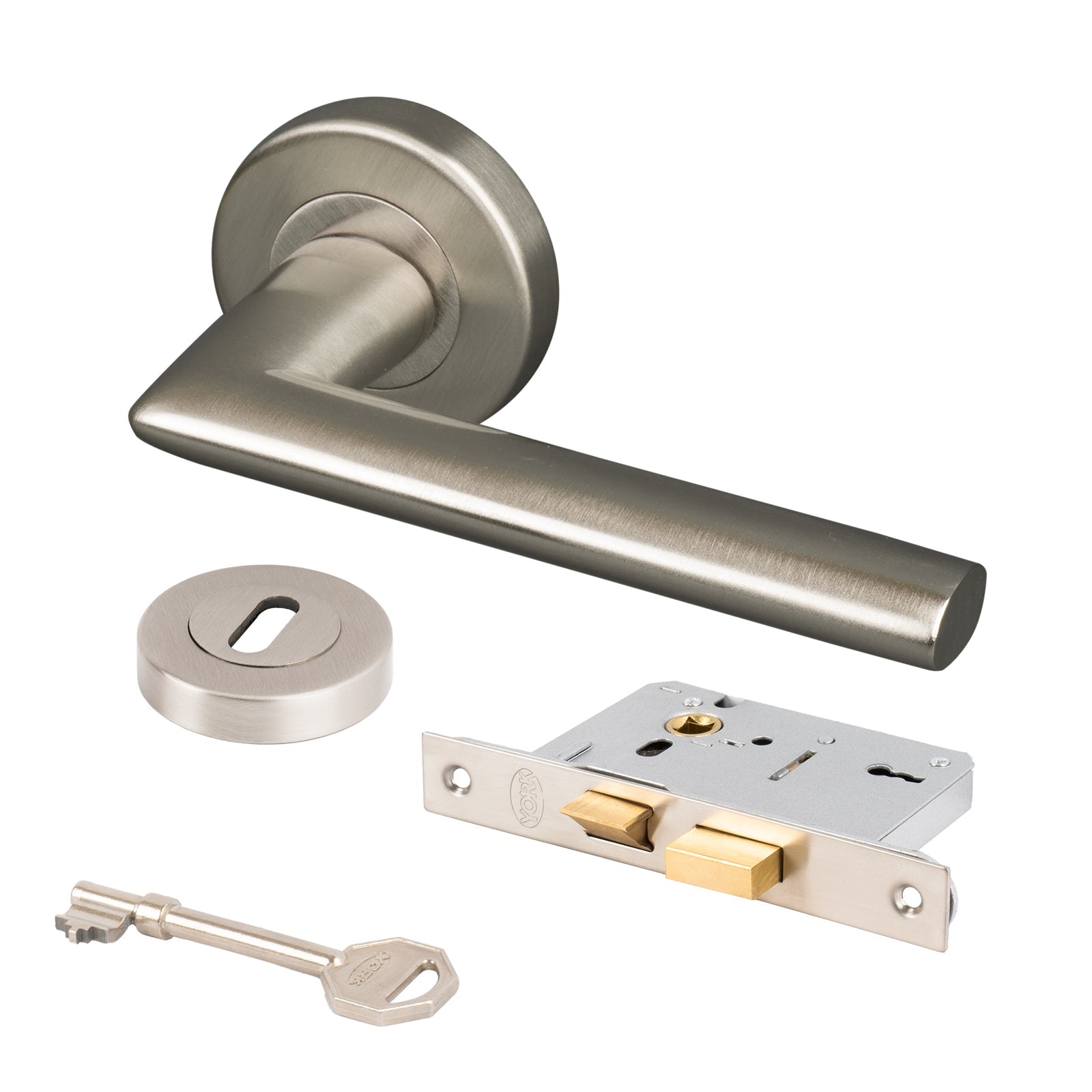 satin nickel Lena round rose door handles 3 lever lock set and escutcheon