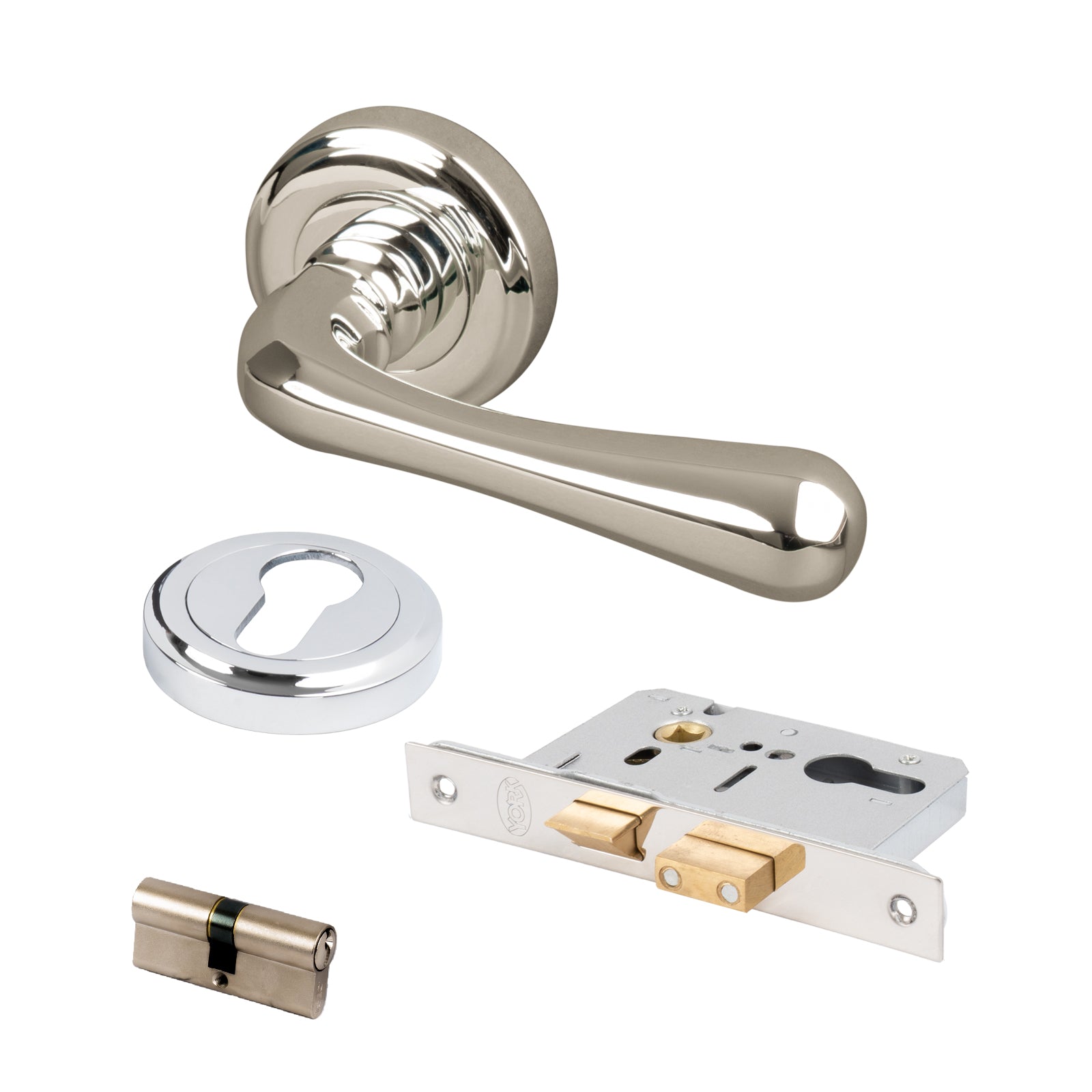 chrome Charlbury lever on rose handles Euro lock set with escutcheon