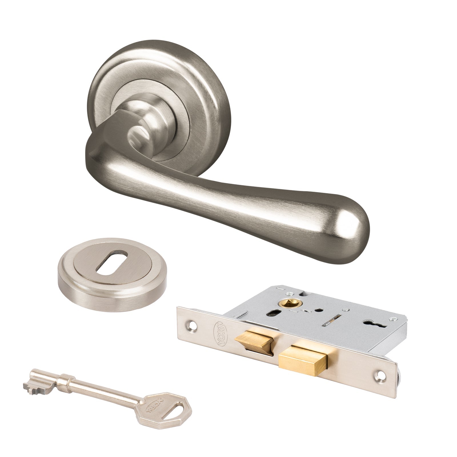 satin nickel Charlbury lever on rose handles 3 lever lock set with escutcheon