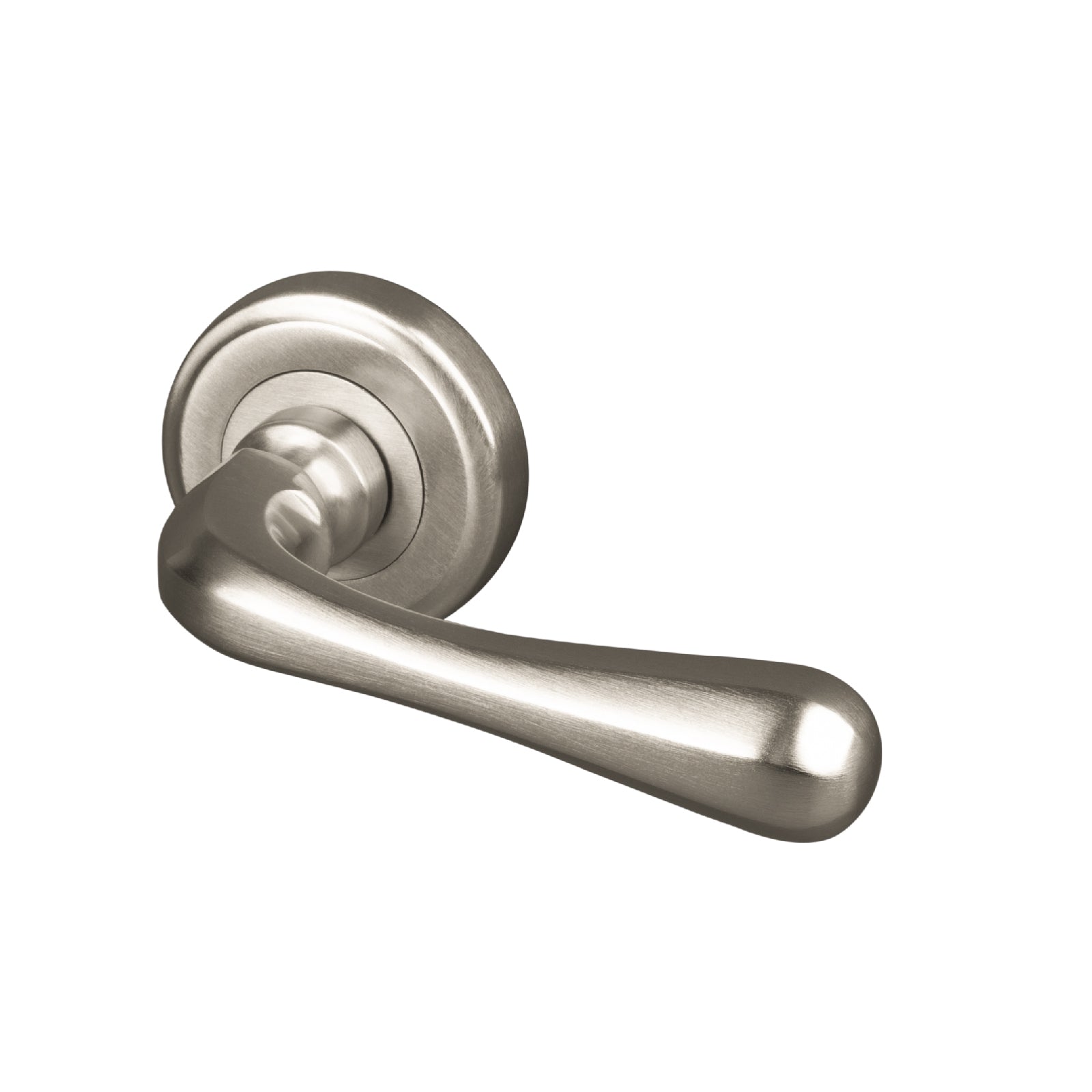 satin nickel Charbury round rose door handles, modern lever on rose SHOW