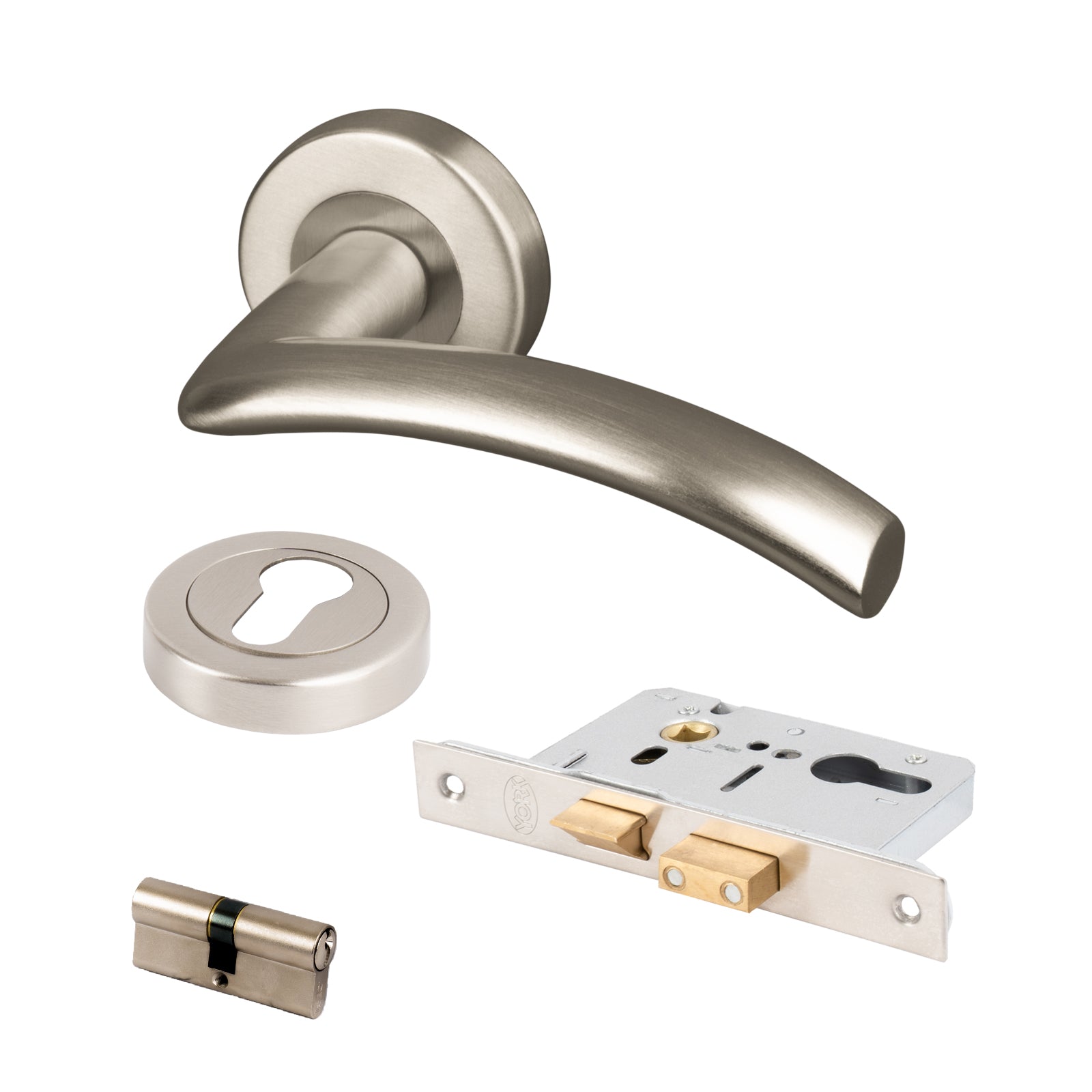 modern satin nickel door handles on round rose Euro lock set