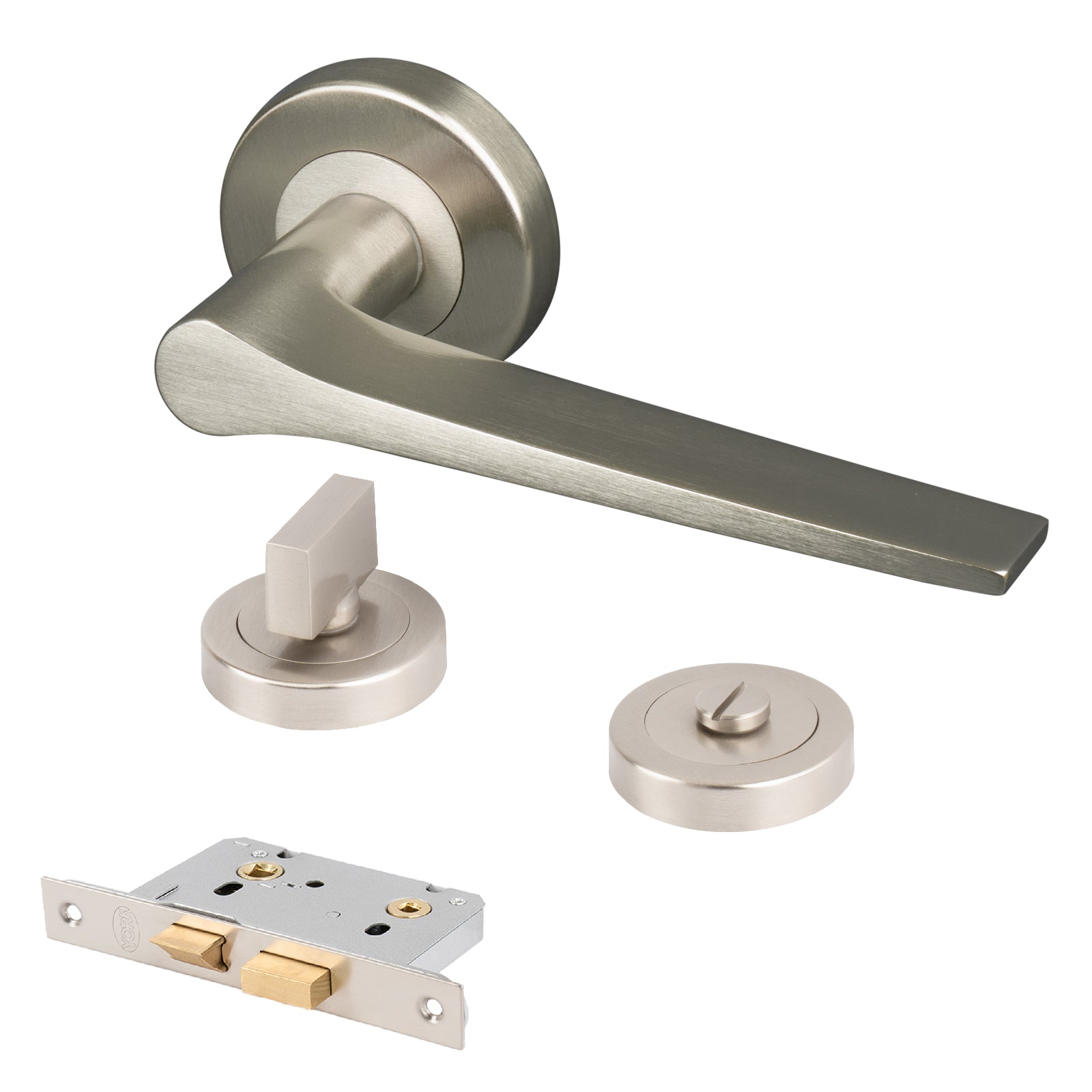 satin nickel Gio door handles on rose bathroom thumbturn lock set