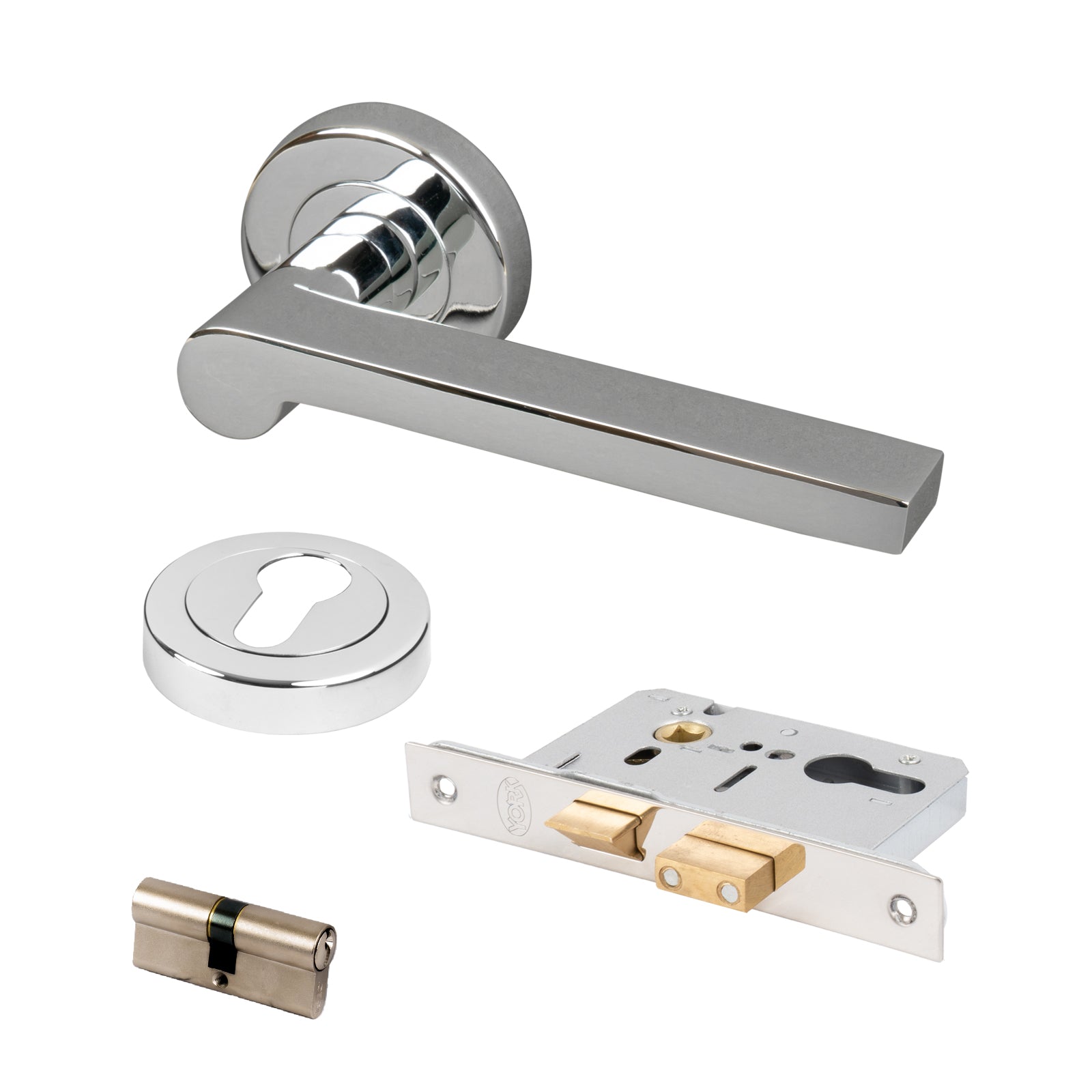 chrome Lugano round rose door handles Euro lock set with escutcheon