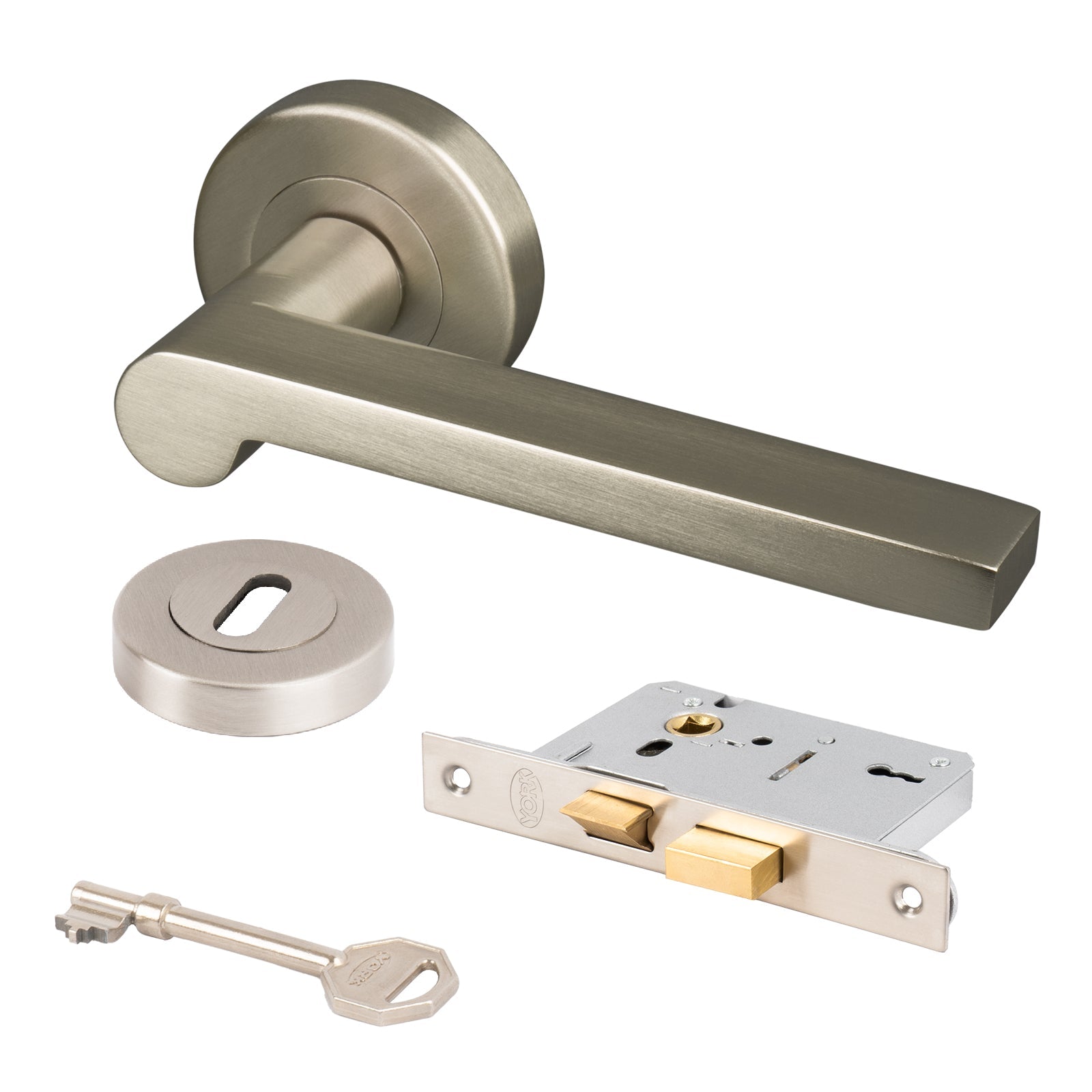 satin nickel Lugano round rose door handles 3 lever lock set